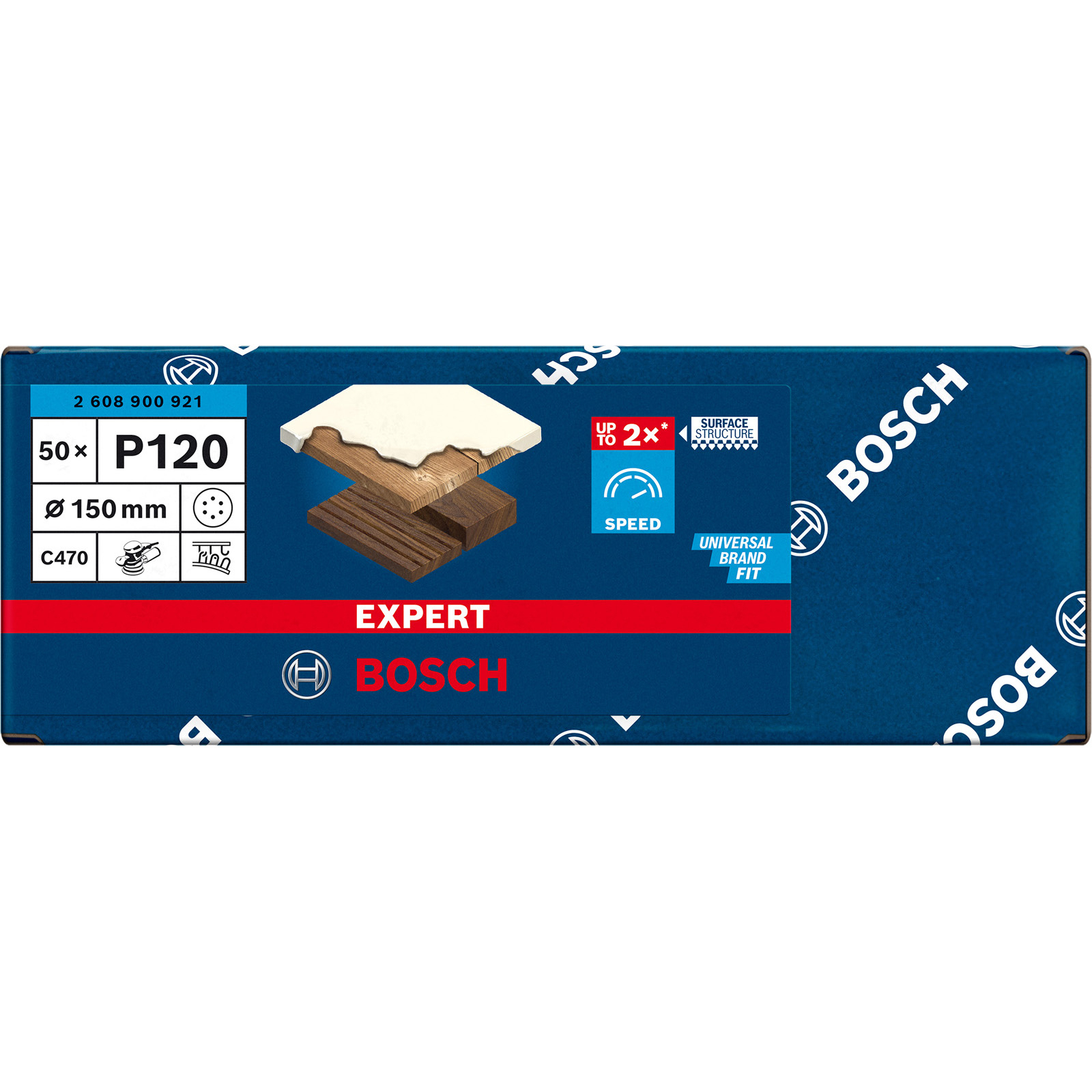 Una confezione di lama per taglio legno Bosch. La confezione è blu e bianca con testo e un esempio del taglio.