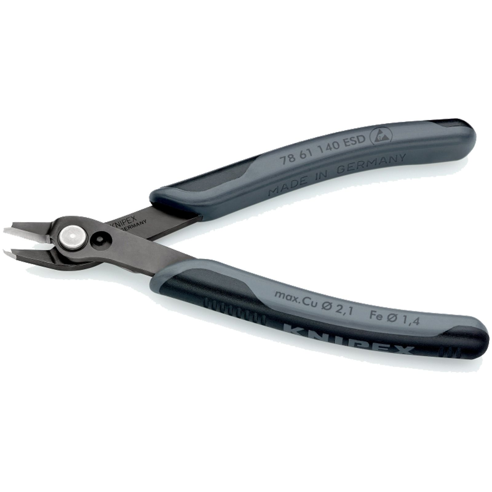 Tronchese. Le pinze sono grigie con impugnature nere. Lo strumento è etichettato 'KNIPEX GERMANY'.
