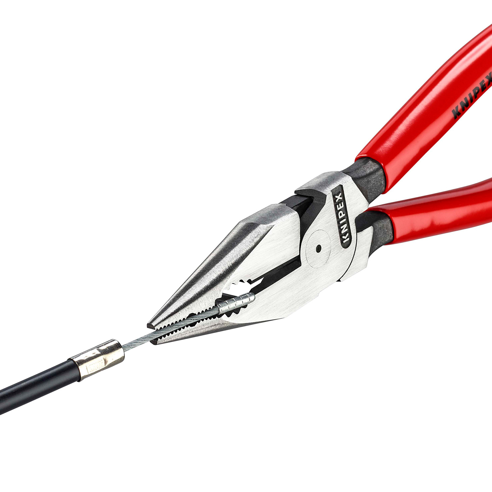 Zange hält Kabel. Die Zange ist rot und silberfarben und greift ein schwarzes Kabel.