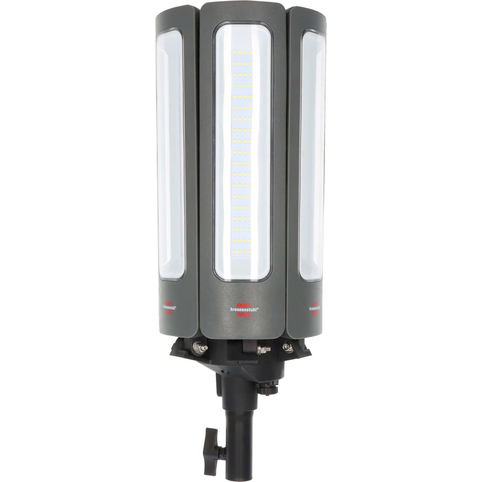 Szara lampa z trzema panelami LED. Zamontowana na statywie i z uchwytem.