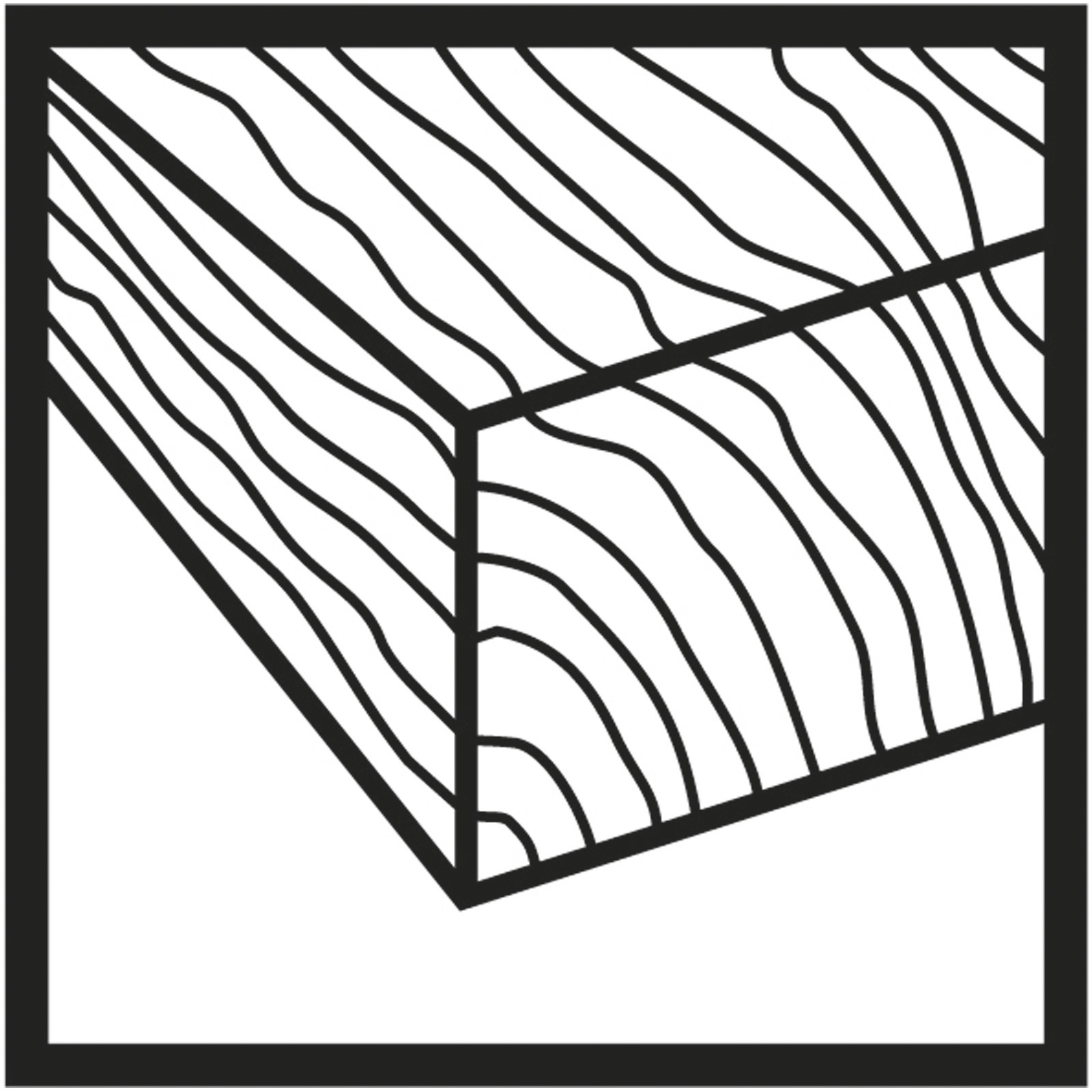 Zbliżenie drewna. To kwadrat drewna z widocznym usłojeniem i czarną obwódką.