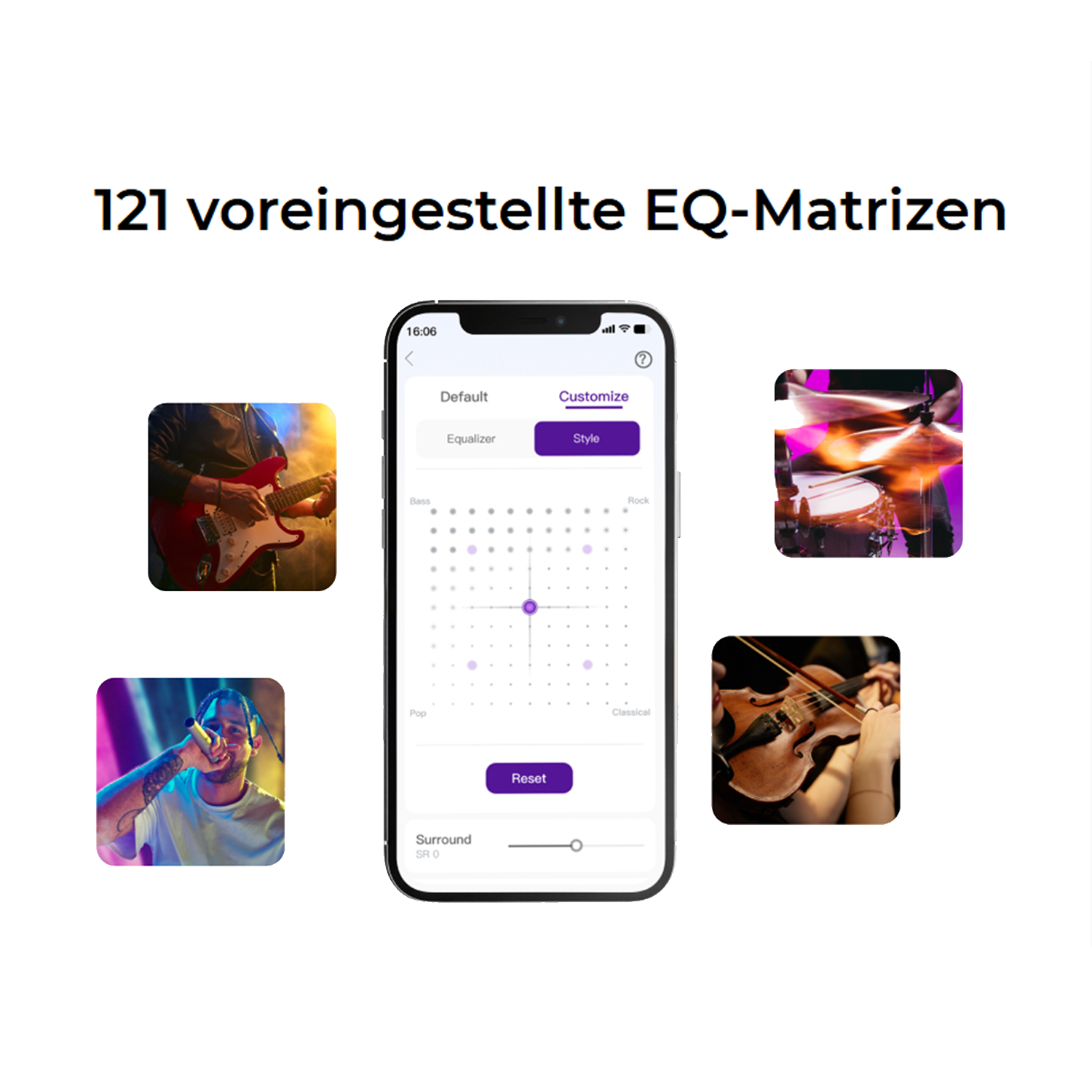 Ein Smartphone zeigt eine Equalizer-Oberfläche mit Musikbildern auf weißem Hintergrund.