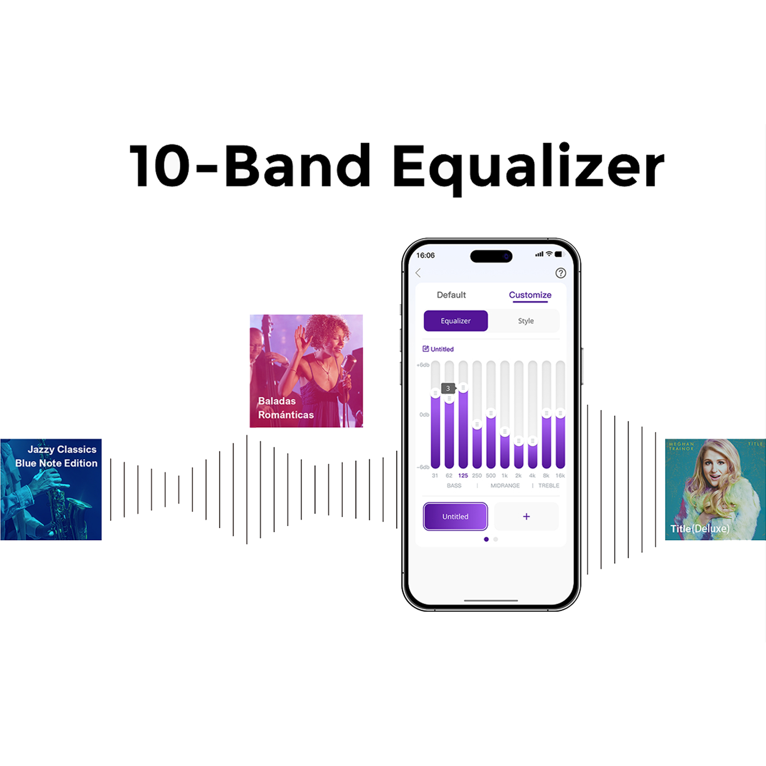 Ein Smartphone zeigt eine 10-Band-Equalizer-Oberfläche mit Musikcovern auf weißem Hintergrund.