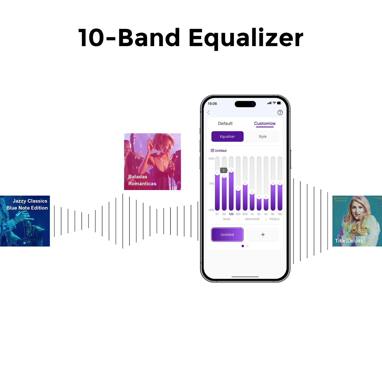 Ein Telefonbildschirm, der einen 10-Band-Equalizer mit Albumcovern und Visualisierungen zeigt.