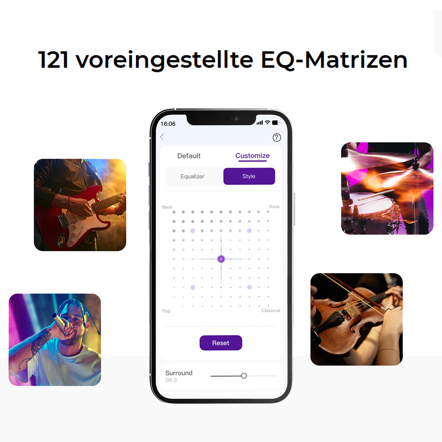 Ein Telefonbildschirm, der eine Stilanpassung für den Equalizer mit mehreren Albumcovern zeigt.