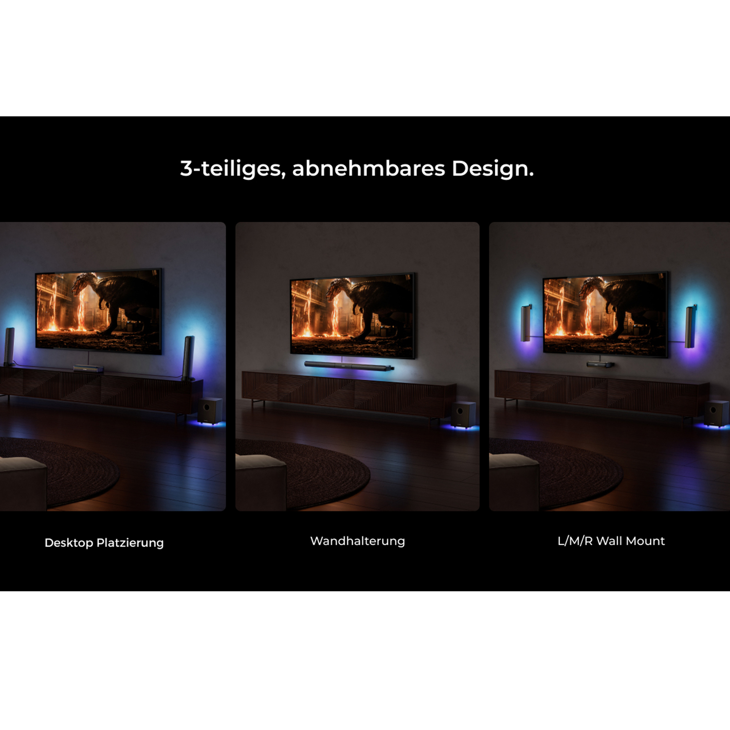 Drei Bilder zeigen verschiedene TV-Setup-Optionen mit Lichtern: Desktop, Wandhalterung und L/R-Wandhalterung, jeweils mit TV und Zubehör.