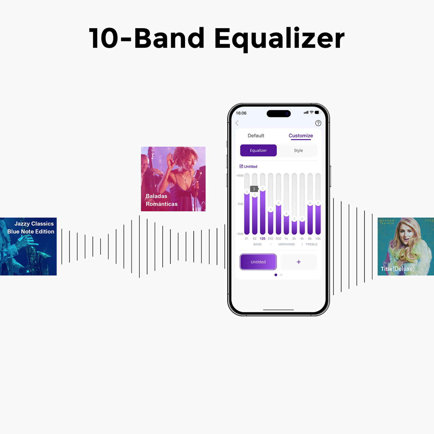 Ein Smartphone-Bildschirm zeigt einen 10-Band-Equalizer mit Musikgenre-Optionen und Albumcovern für Jazz- und Popmusik.