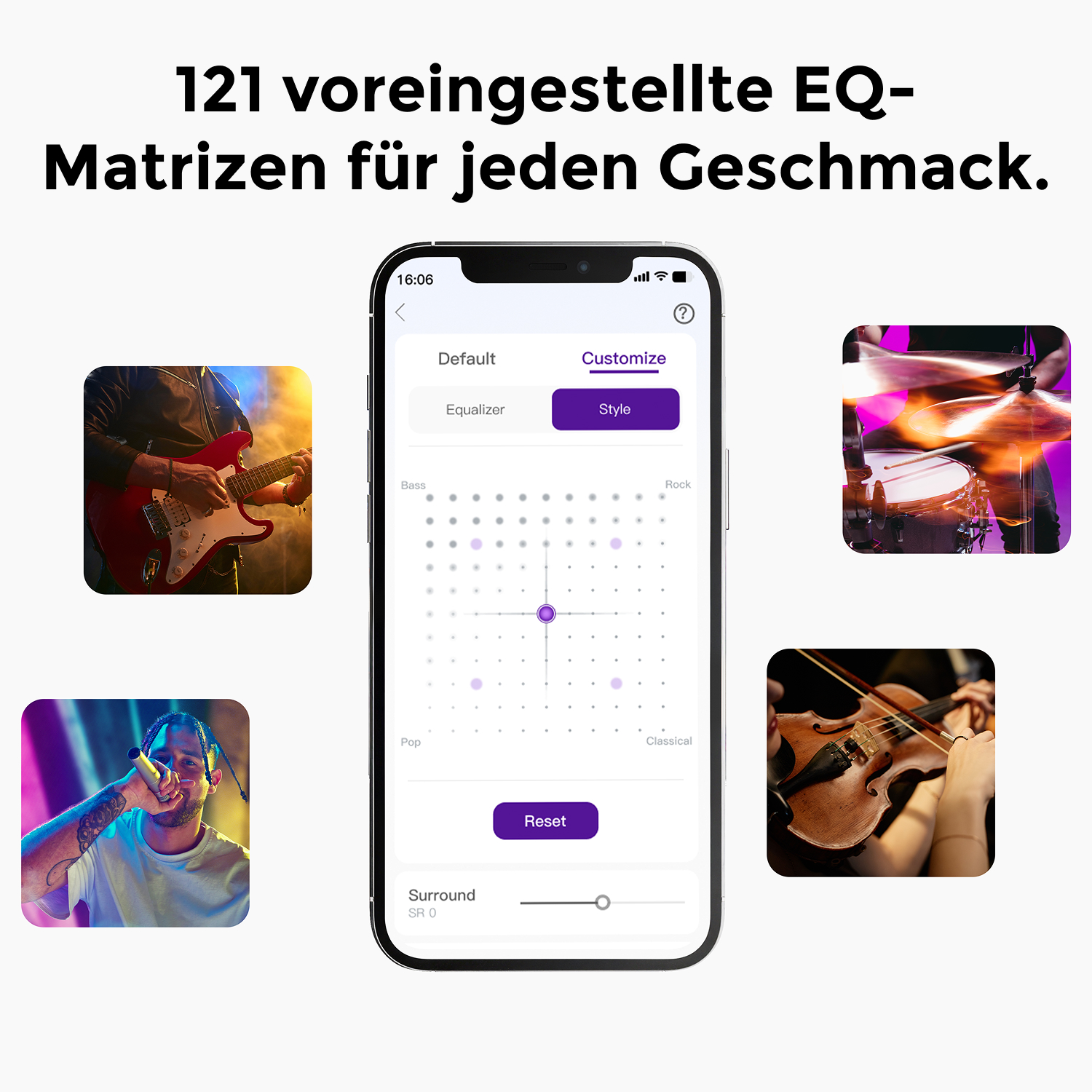 Ein Smartphone-Bildschirm zeigt EQ-Einstellungen mit Bildern von Musikern: einem Gitarristen, einem Schlagzeuger, einem Geiger und einem Sänger.