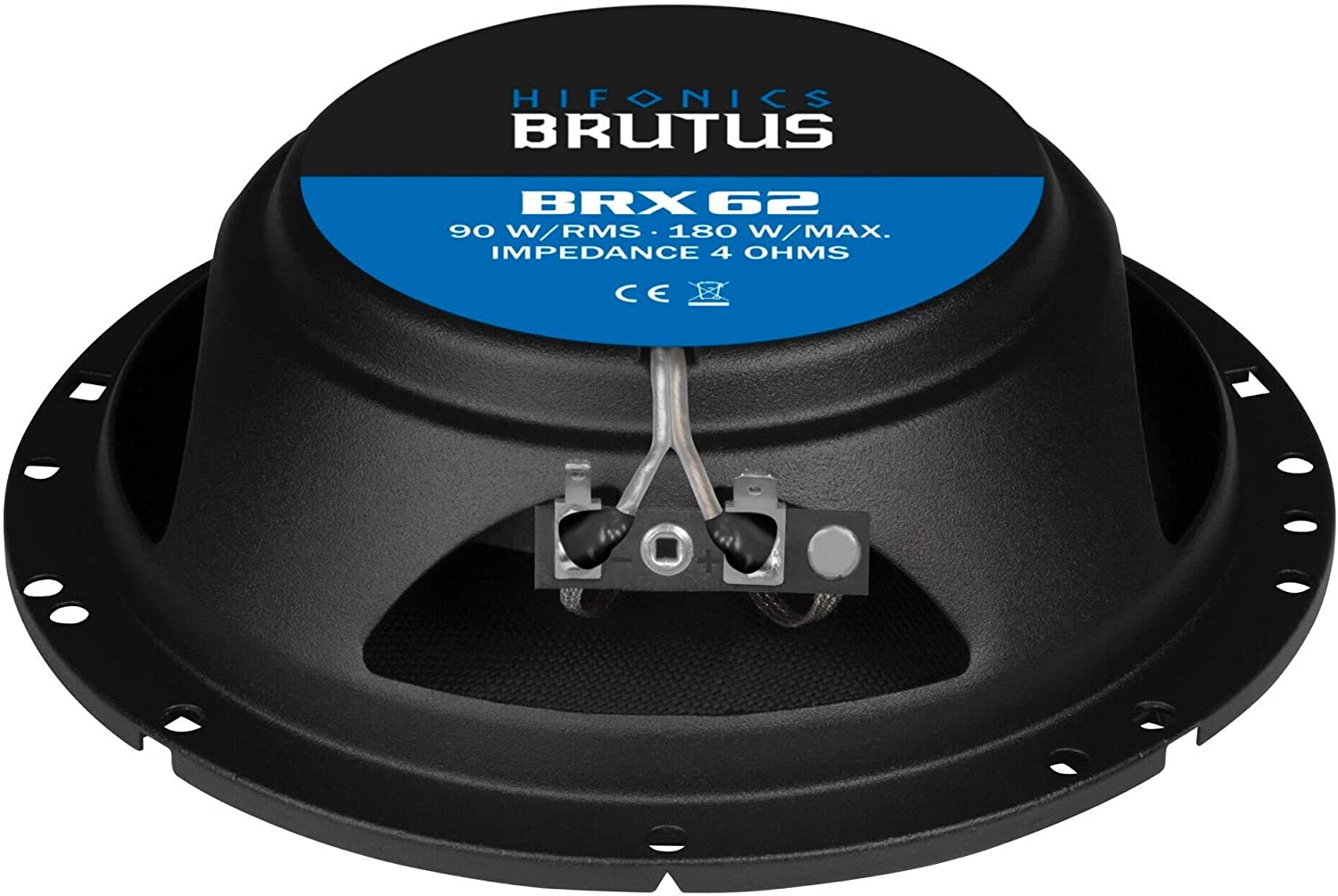 Ein Autolautsprecher mit blauem und schwarzem Design. Er hat den Markennamen HIFONICS BRUTUS und Spezifikationen. Schwarz.