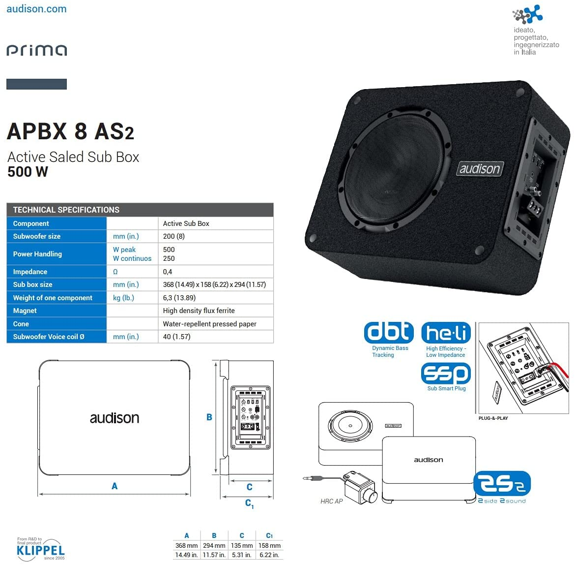 Eine Audison Subwooferbox mit Spezifikationen und Diagrammen. Die Box ist schwarz und hat ein Mesh-Gitter.