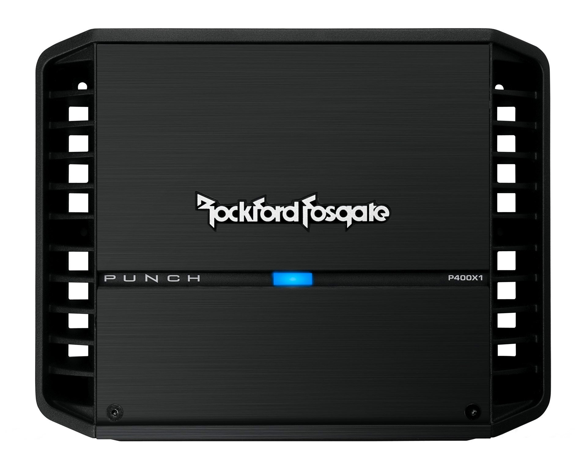Schwarzer Auto-Verstärker. Der Markenname Rockford Fosgate steht oben. Der Modellname P400X1 ist sichtbar. Hat ein blaues Licht.