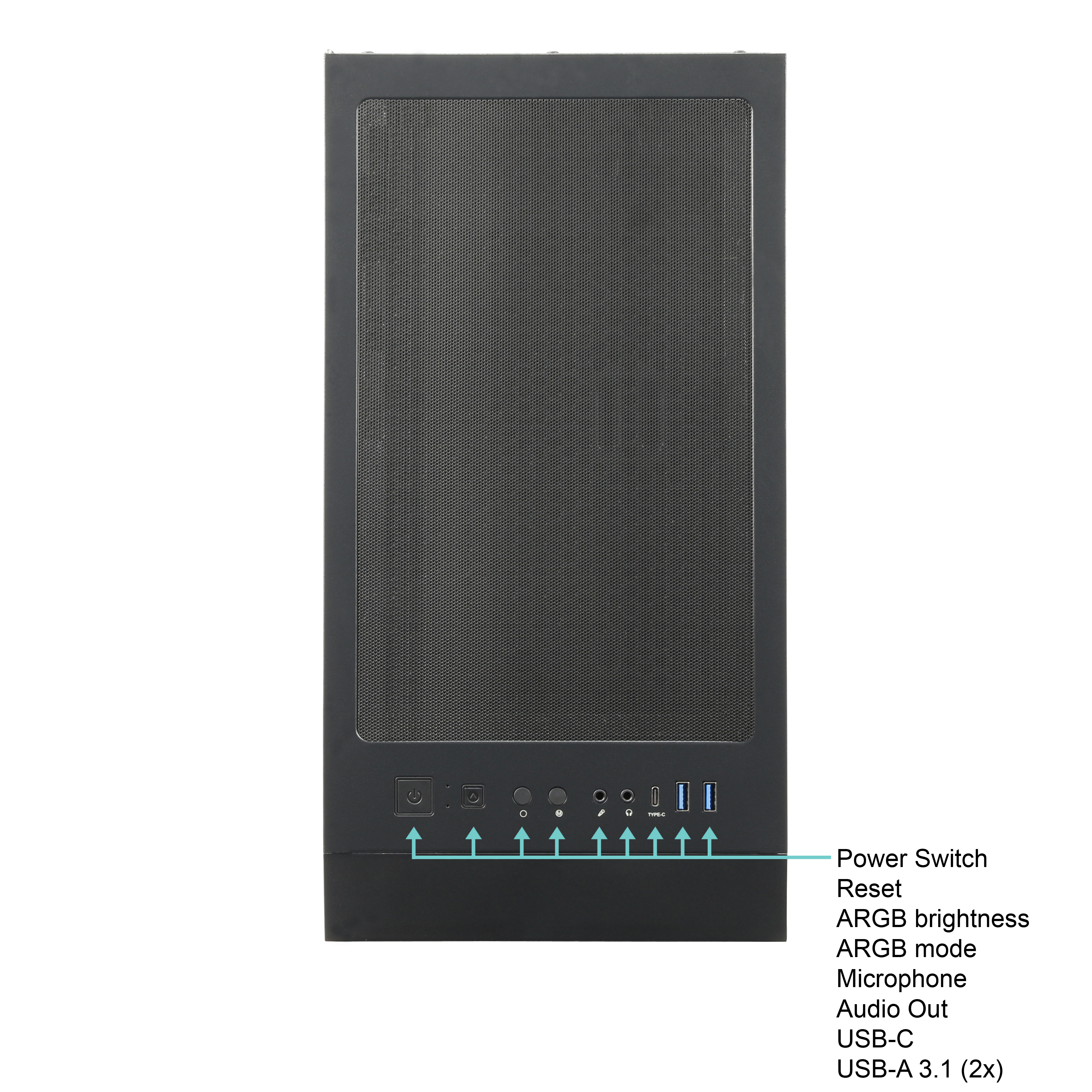 Die Frontplatte eines Computergehäuses mit Tasten. Zu den Tasten gehören Ein/Aus, Reset und USB-Anschlüsse.
