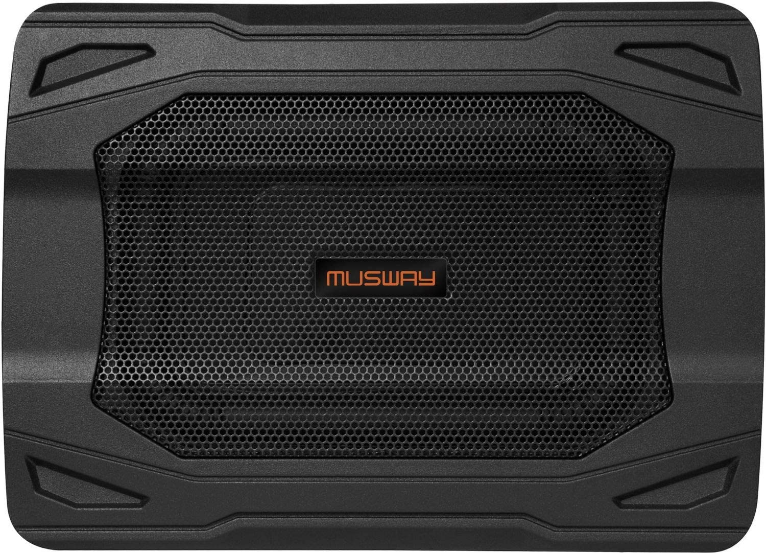 Ein schwarzer, rechteckiger Subwoofer-Lautsprecher mit einem Gitter an der Vorderseite und dem Wort "MUSWAY" in Orange.
