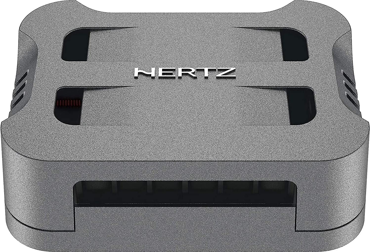 Ein graues rechteckiges Gerät mit dem Wort "HERTZ" in weißen Buchstaben auf der Vorderseite.