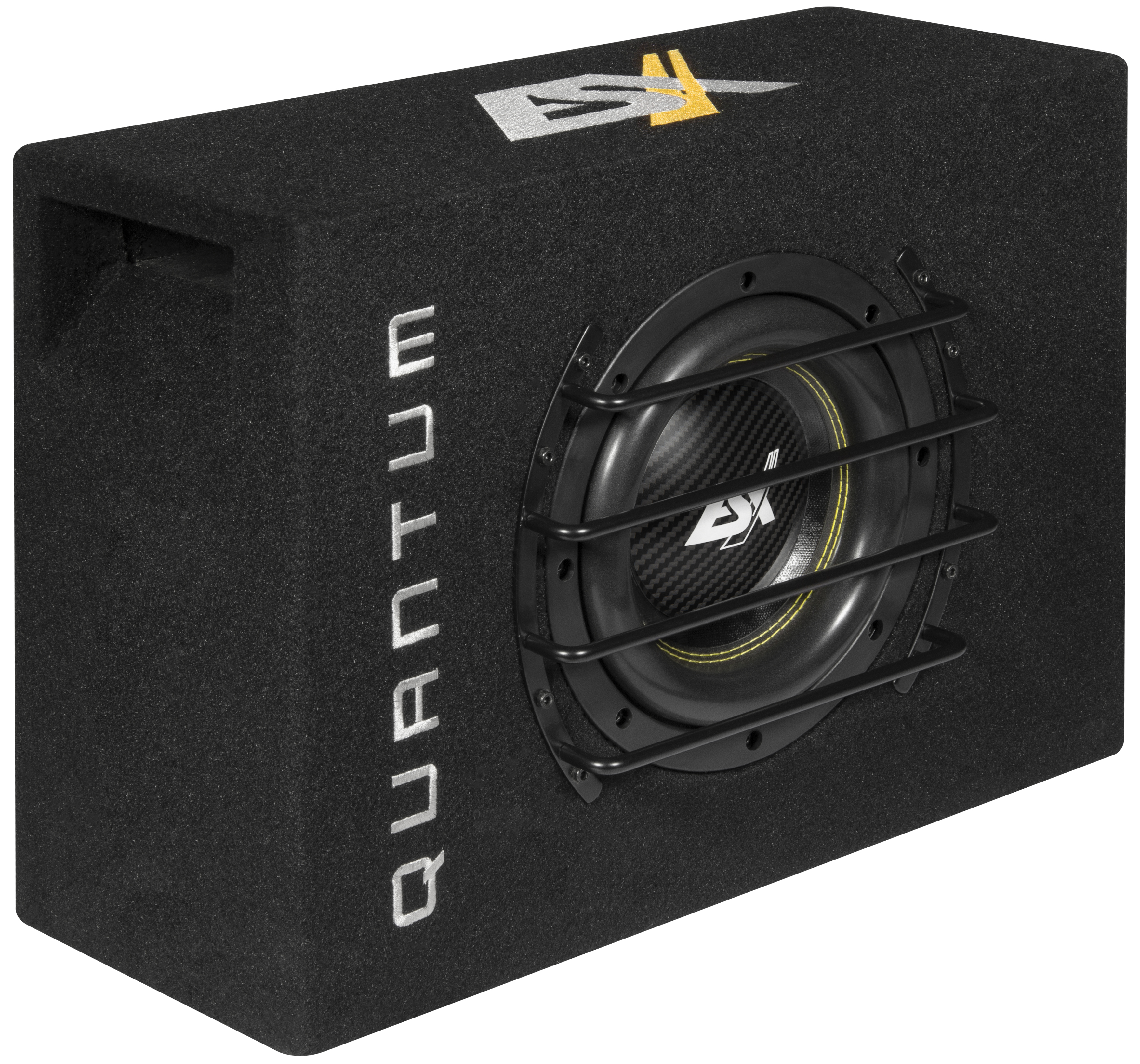 Schwarze Subwoofer-Box mit Lautsprecher und dem Wort 'QUANTUM' in Weiß.