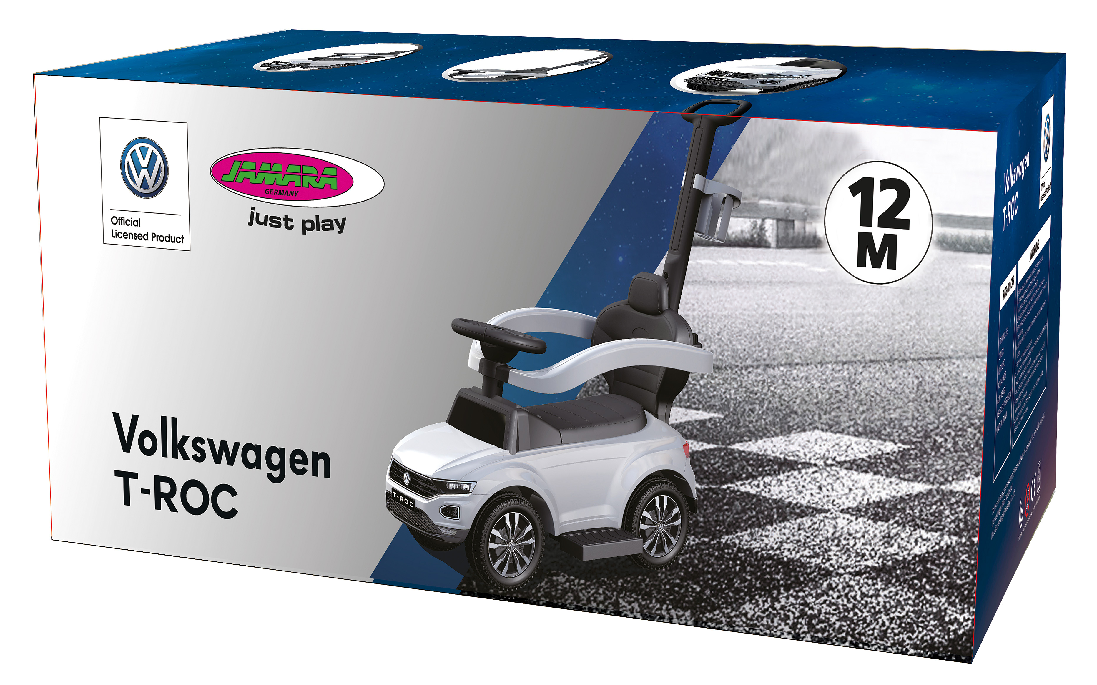 Una caja que muestra un coche de juguete T-ROC blanco con asa. La caja tiene la marca Volkswagen y 12M.