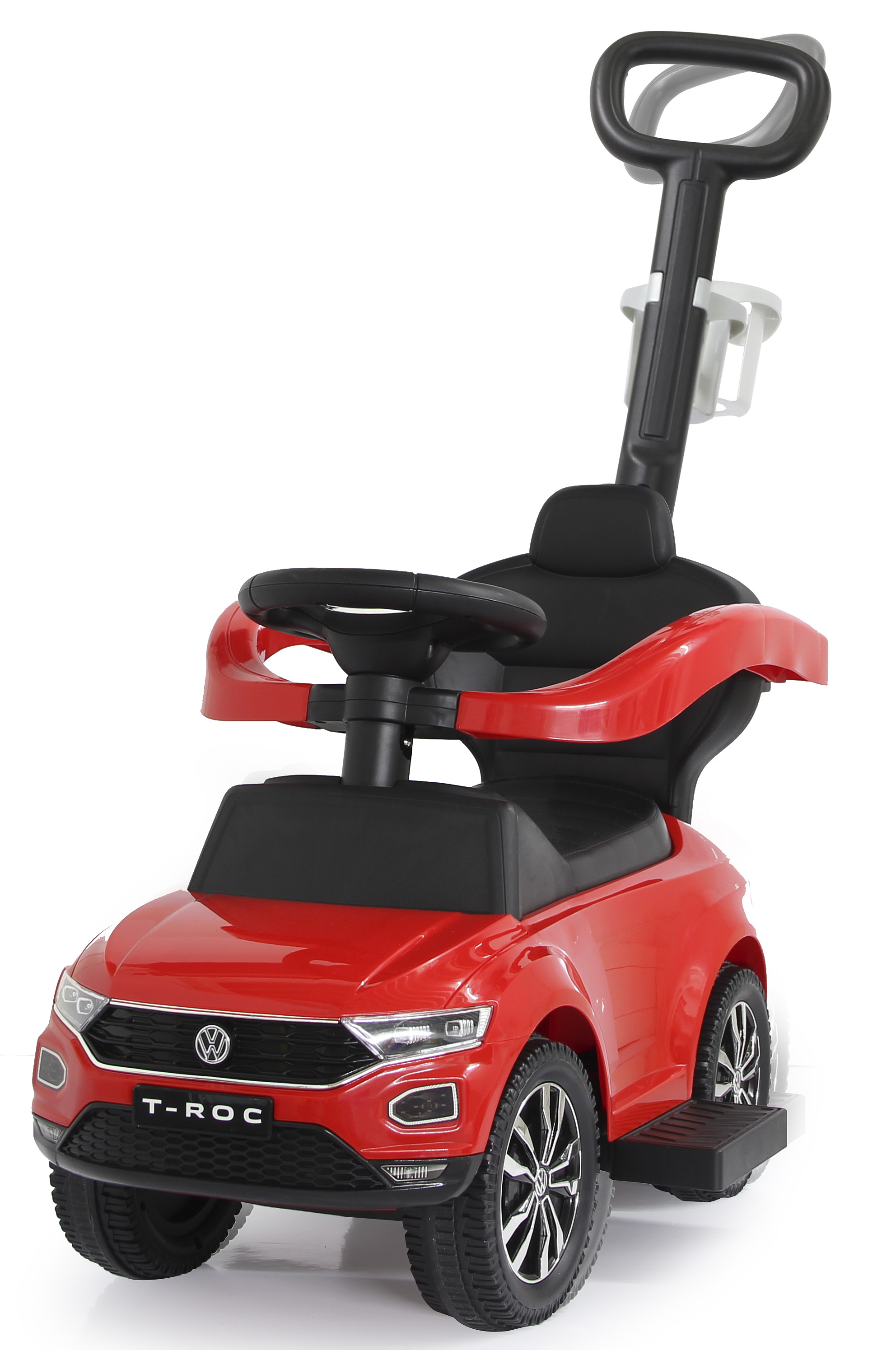Un coche de juguete T-ROC rojo con asa, asiento negro y ruedas negras. Está sobre un fondo blanco.