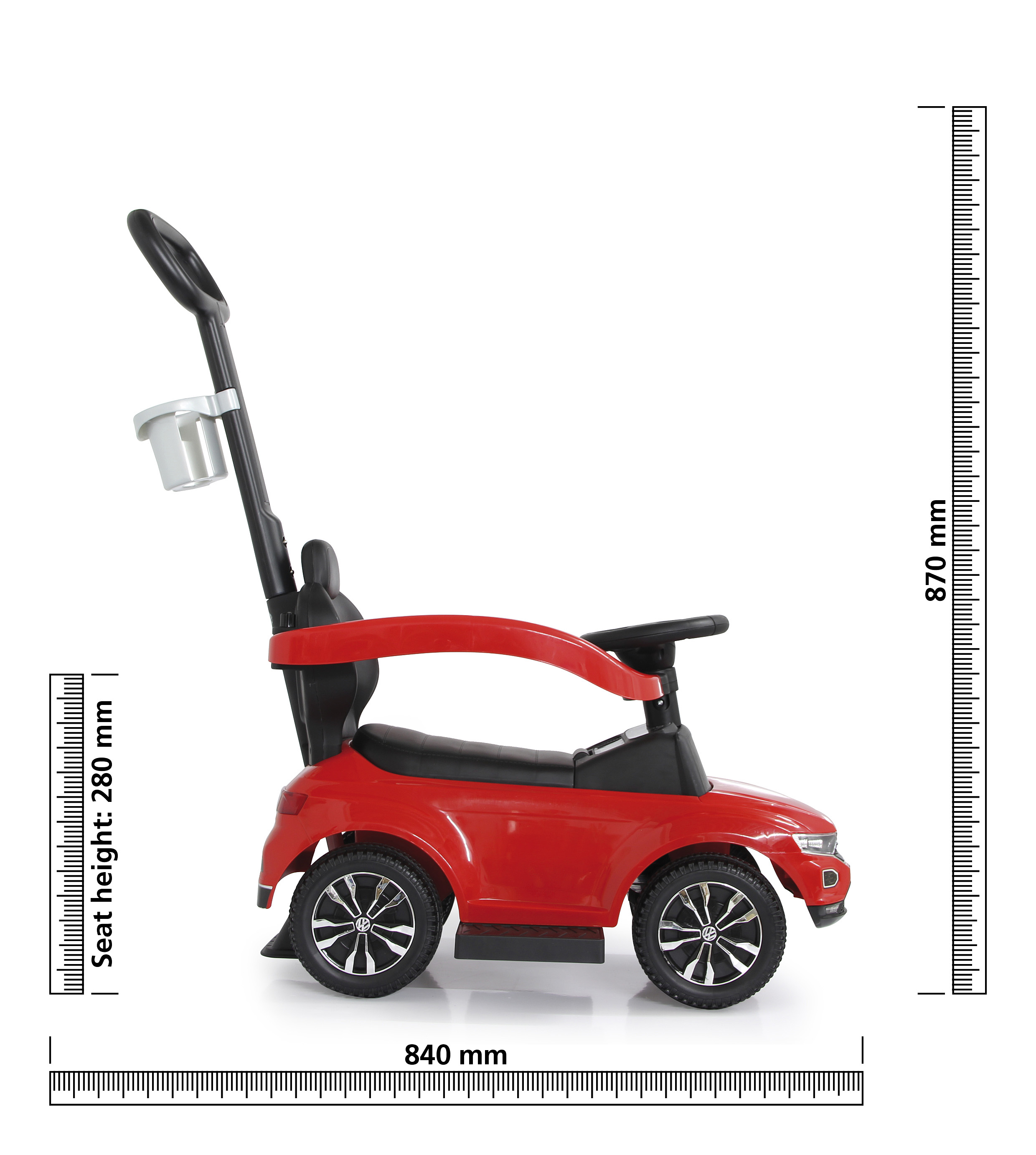 Coche de juguete rojo con ruedas, asa y medidas sobre fondo blanco.