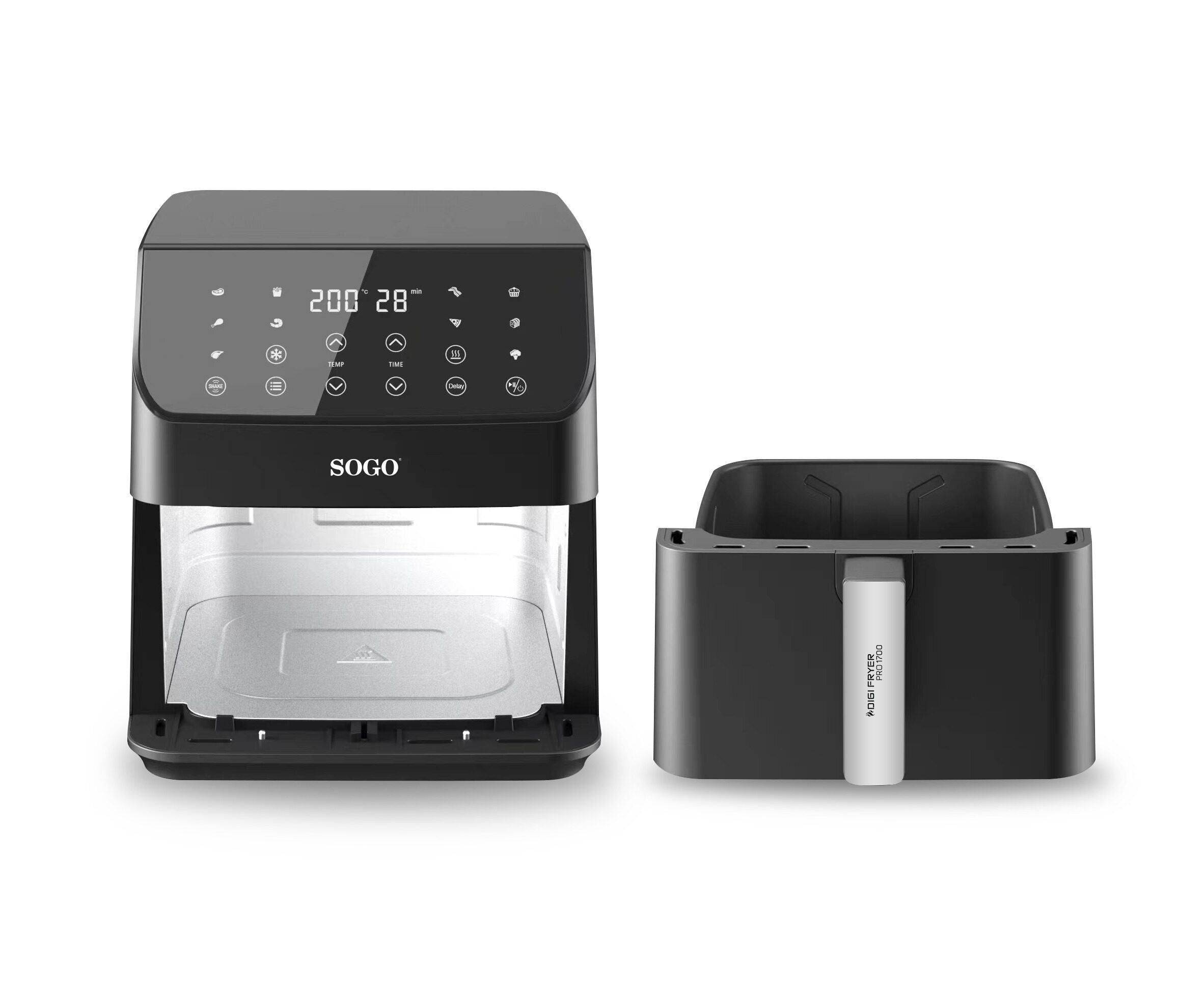 Czarna frytkownica powietrzna z otwartą szufladą i oddzielnym koszem. Jest na białej powierzchni.