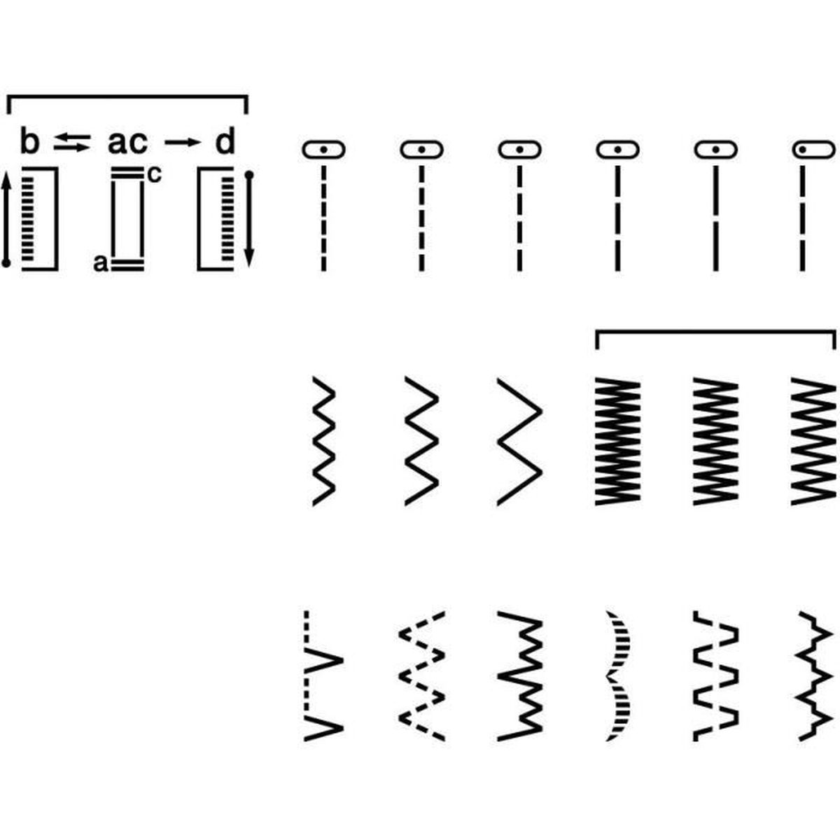 Schemat ściegów maszyny do szycia: proste, zygzakowate i dekoracyjne wzory, pokazane jako linie przerywane i ciągłe.