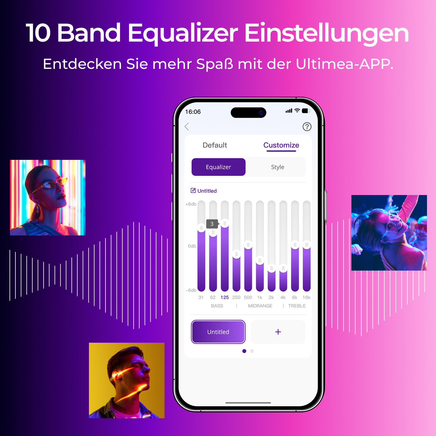 Smartphone-Bildschirm, der eine Equalizer-App-Oberfläche mit Bildern von Personen zeigt.