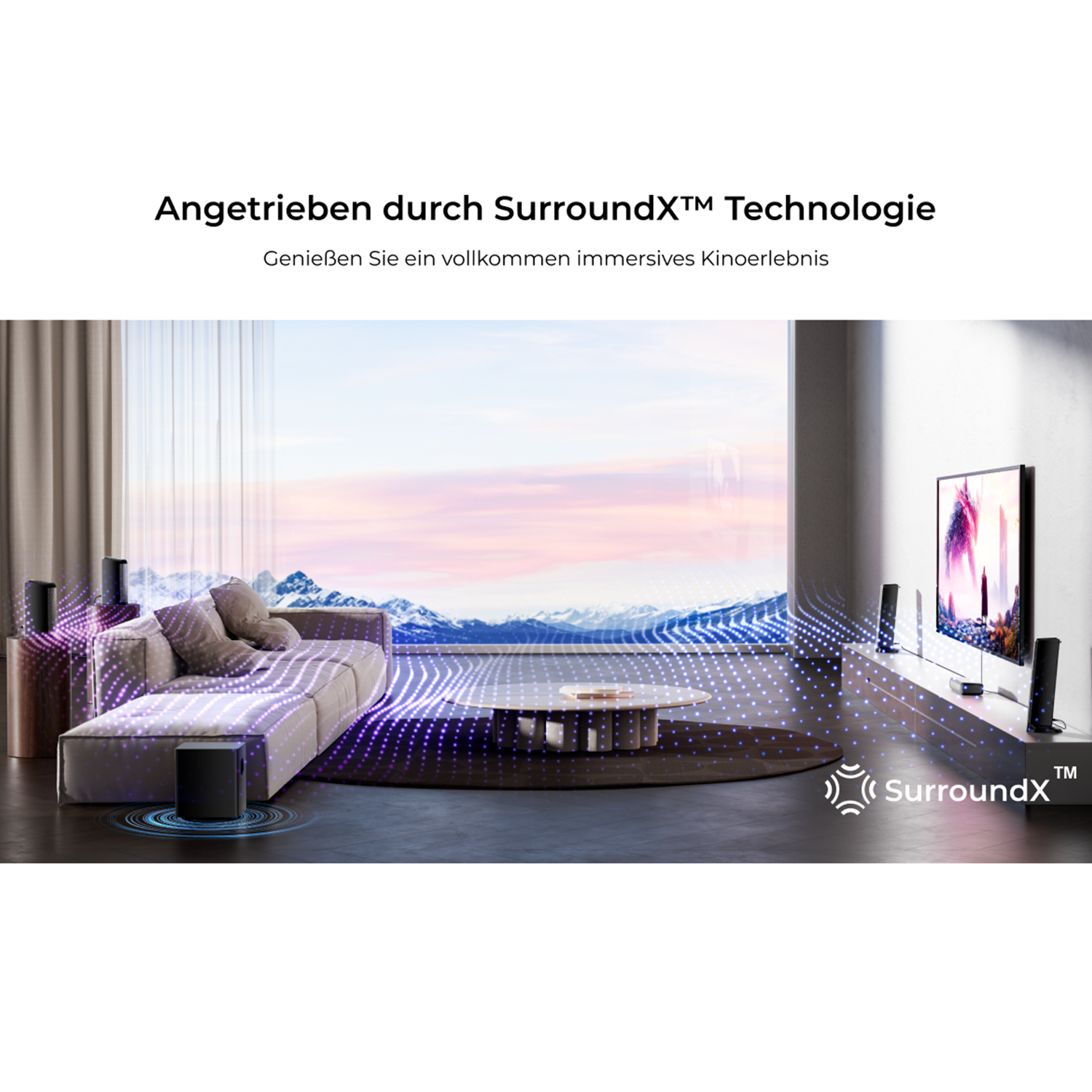 Wohnzimmer mit Soundsystem, Sofa und Fenster. Schallwellen werden visualisiert.