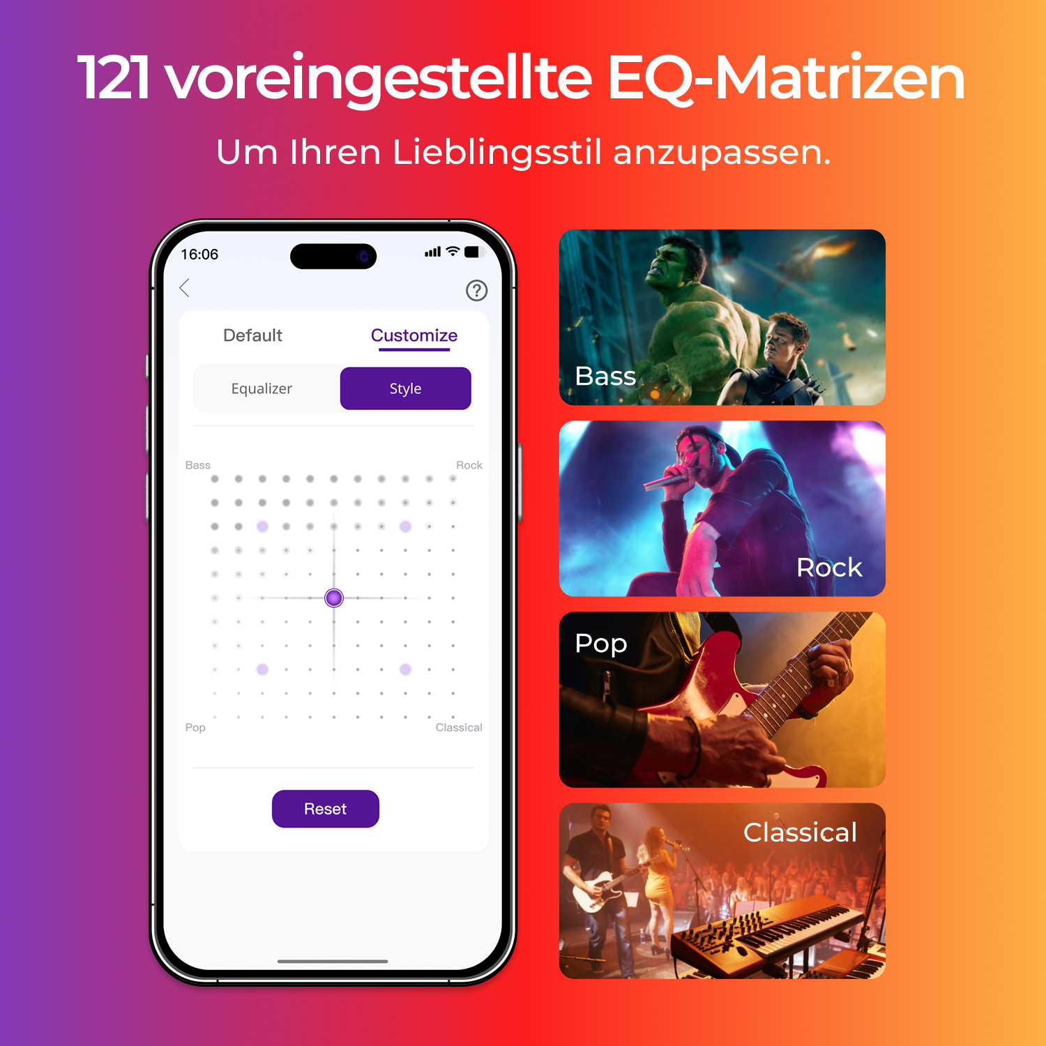 Ein Telefon zeigt EQ-Einstellungen an. Es zeigt Optionen für Bass-, Rock-, Pop- und klassische Musikstile mit Bildern.