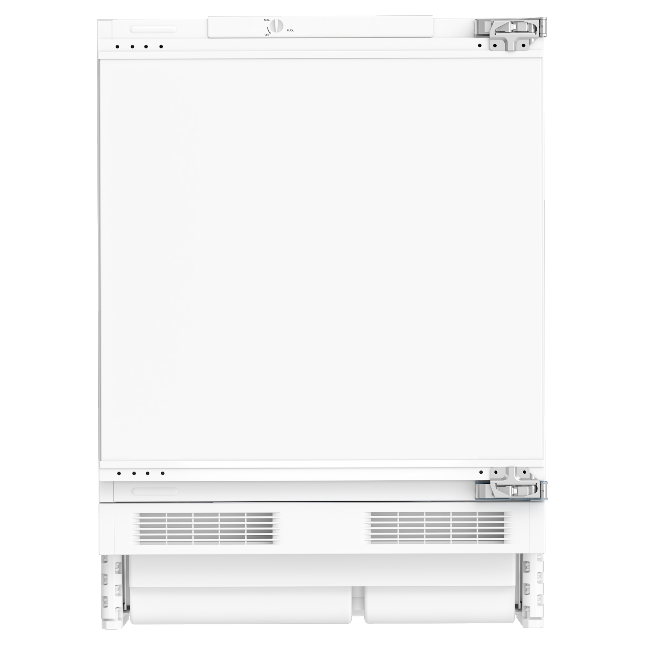 Biały front lodówki do zabudowy z dwiema szufladami i panelem sterowania. Minimalistyczny design.