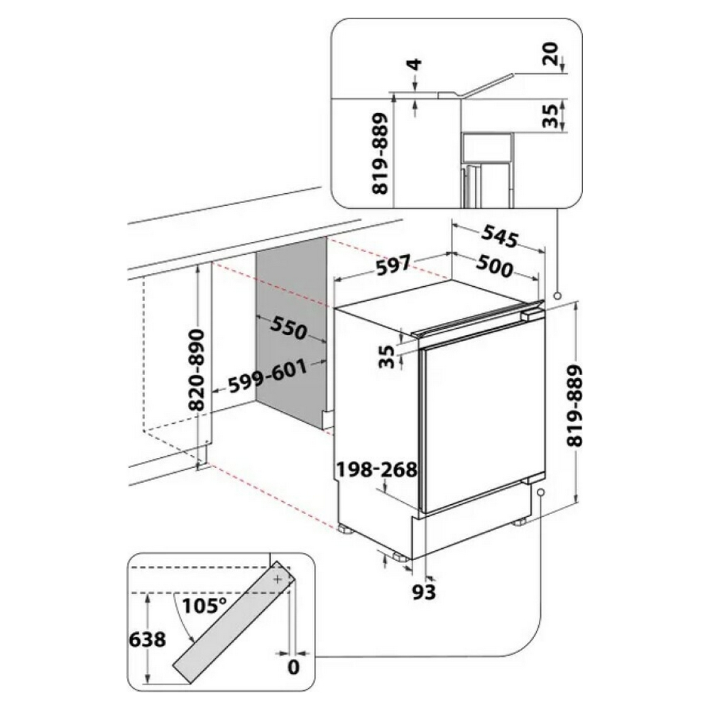 Schemat zmywarki z wymiarami i etykietami, pokazujący wymiary i rozmieszczenie.