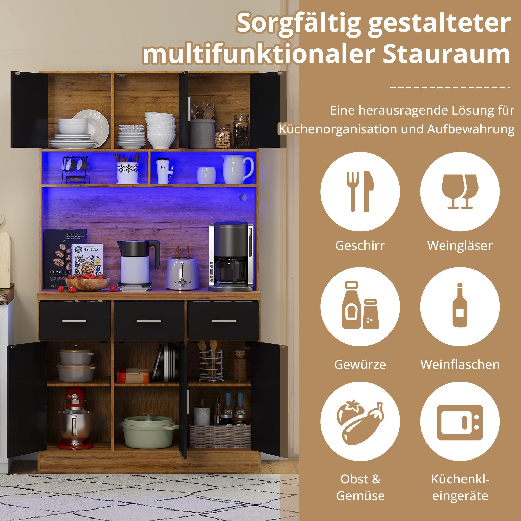 Ein Küchenschrank aus Holz mit offenen Regalen und Schubladen. Symbole zeigen Verwendungen: Geschirr, Gläser, Gewürze uvm.