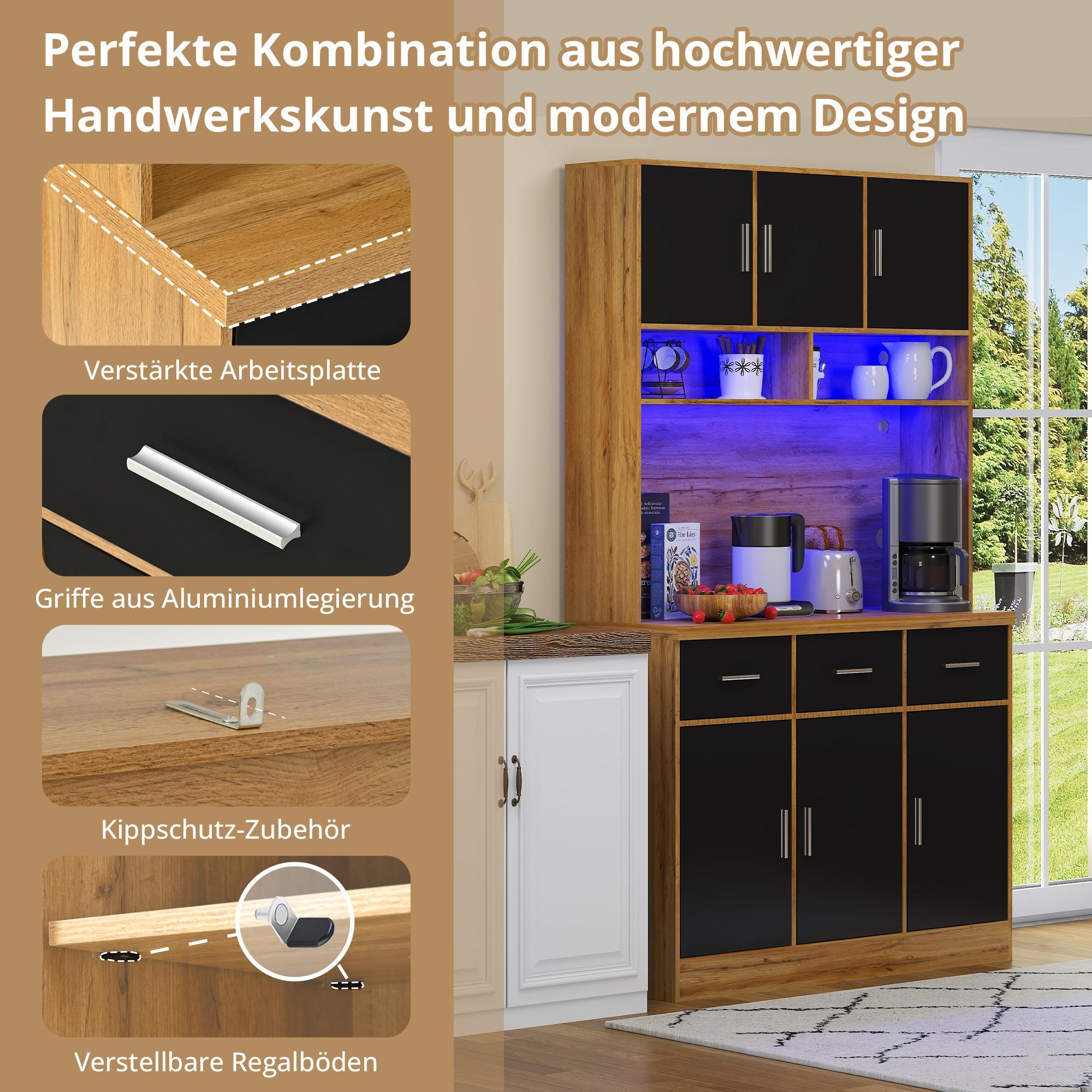 Ein Küchenschrank mit schwarzen und Holztüren und Details.