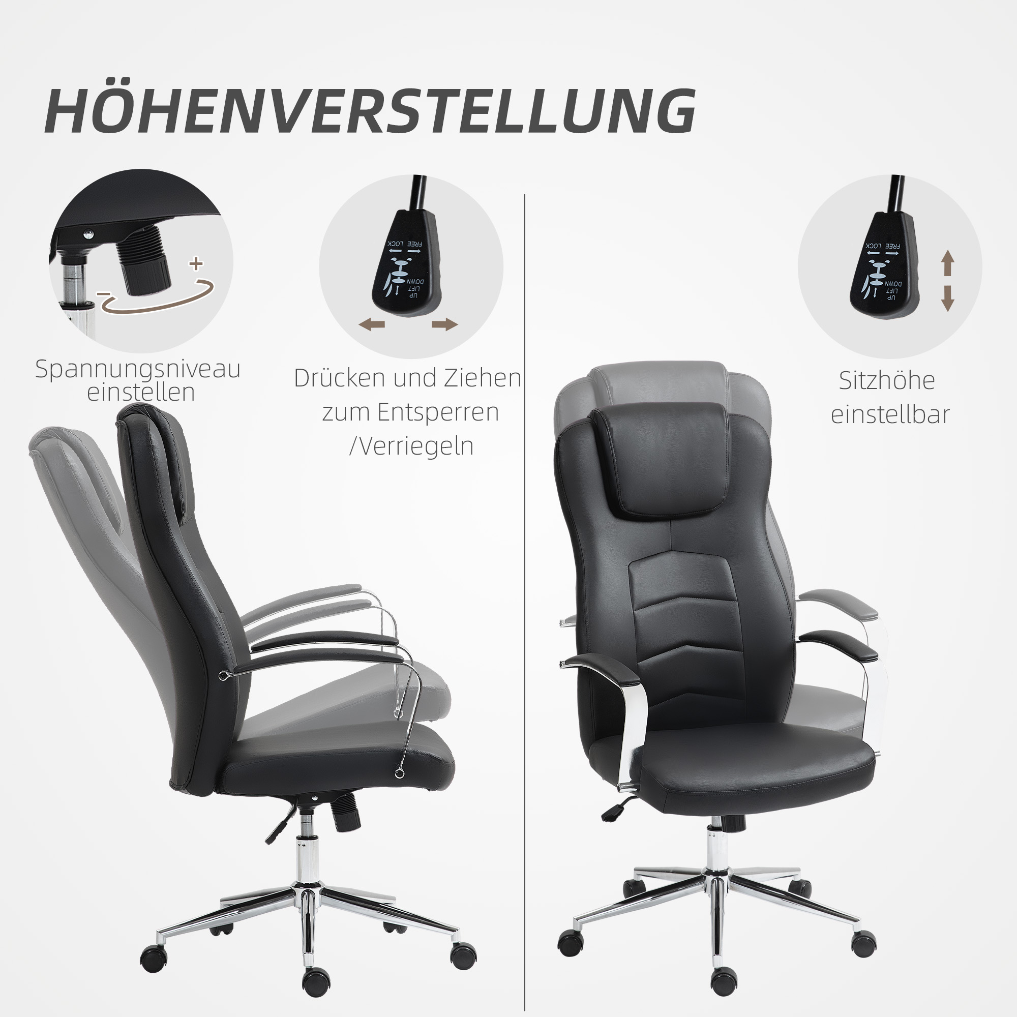Grafik zur Einstellung eines schwarzen Bürostuhls. Zeigt Spannungsniveau, Verriegelung und Sitzhöhe.