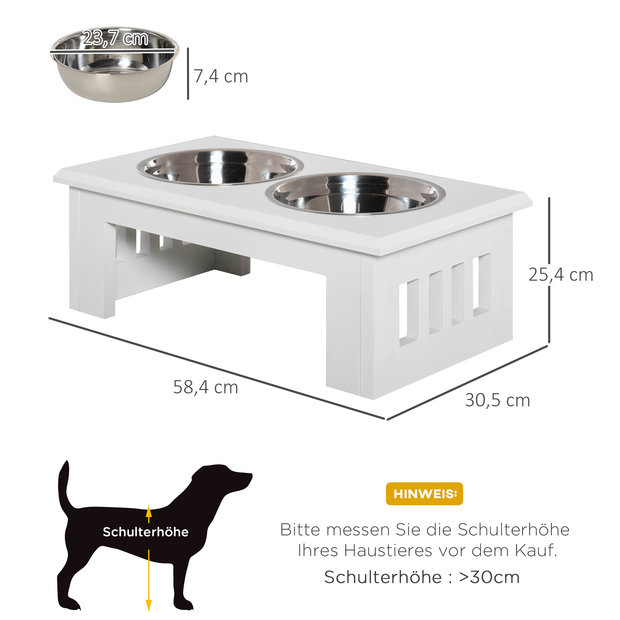 Diagramm, das die Abmessungen eines Futterautomaten mit zwei Schalen zeigt, mit einer Silhouette eines Hundes.