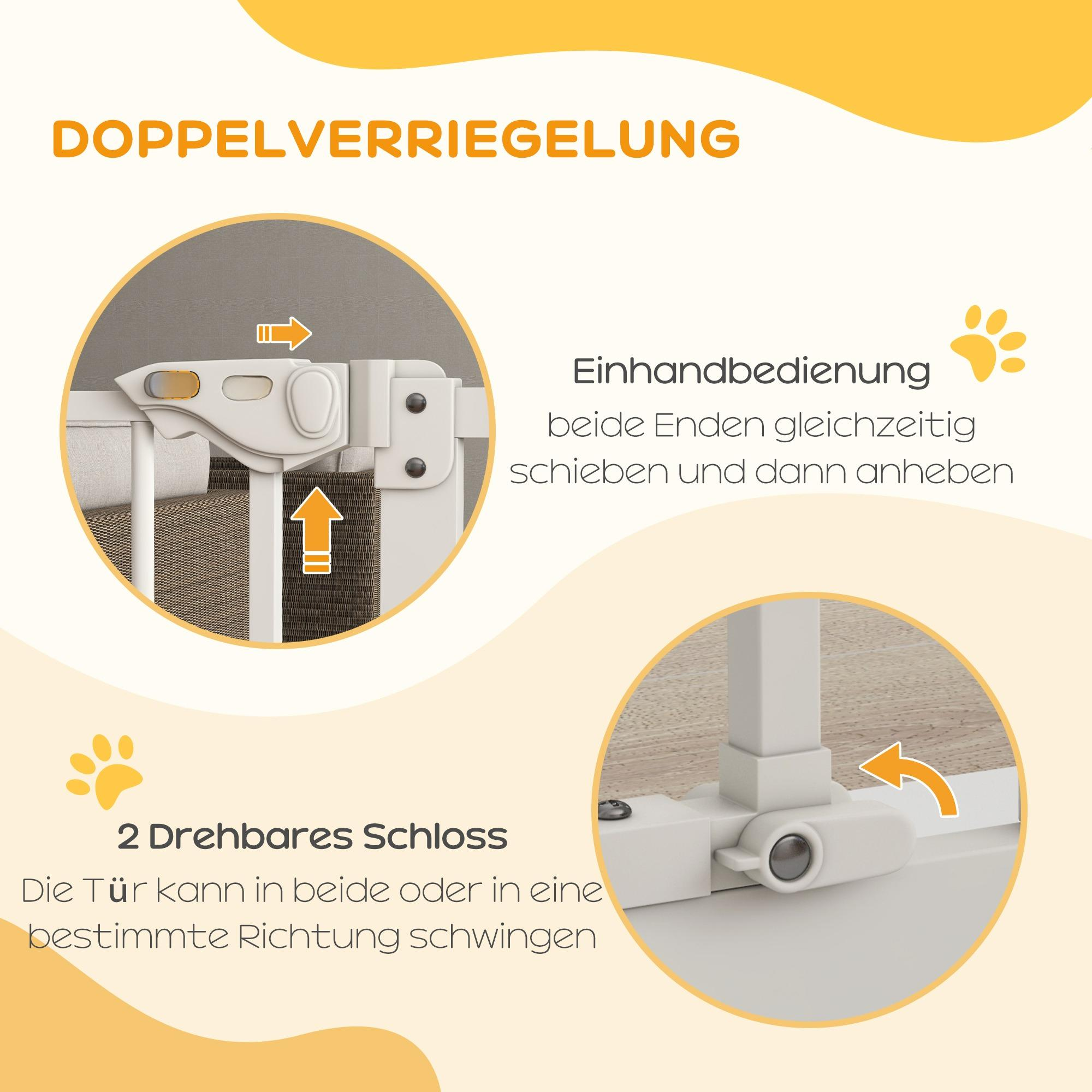 Diagramm, das die Merkmale eines Babygitters zeigt, einschließlich Schloss und Scharniere.