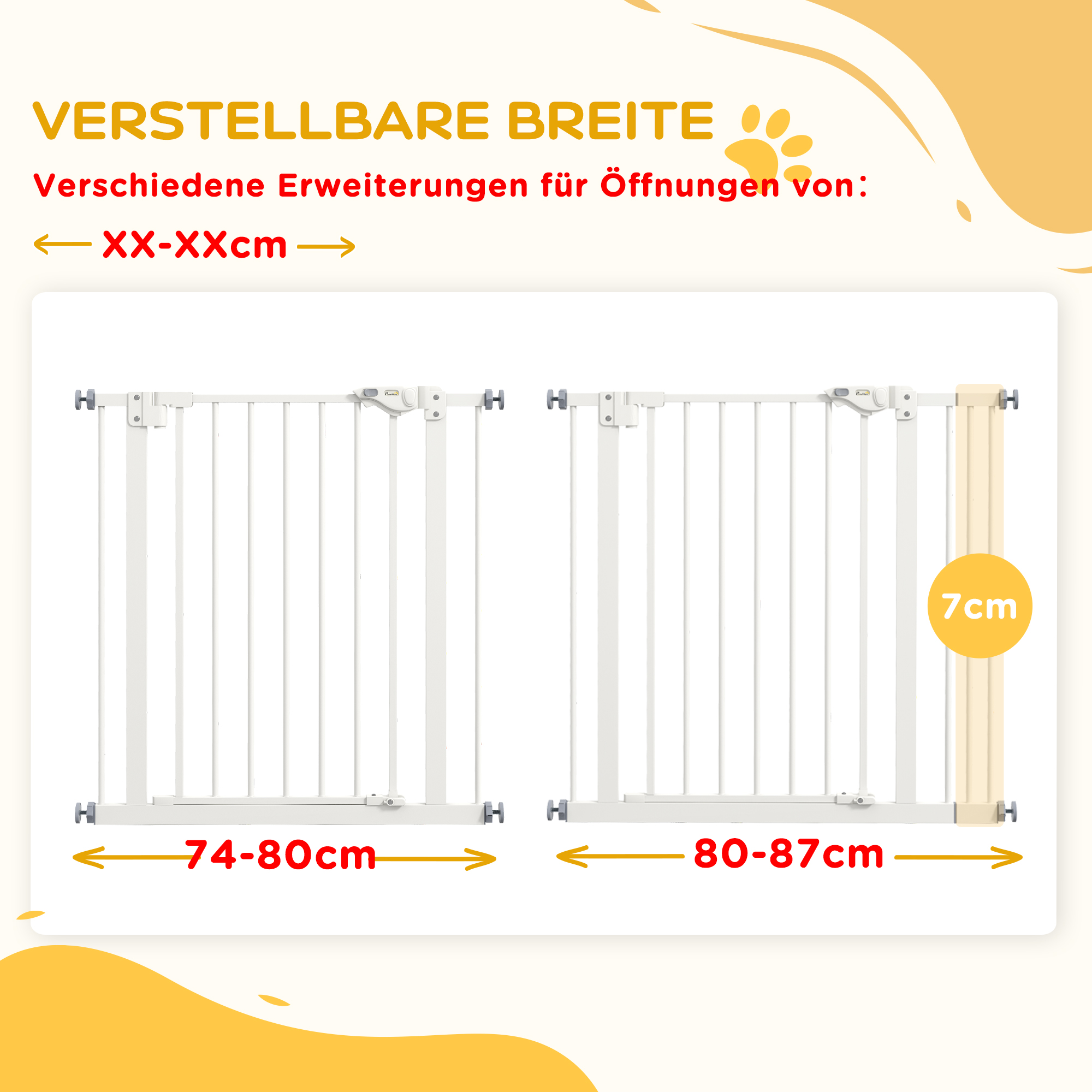 Diagramm, das die Breitenverstellbarkeit eines Babygitters mit Messungen und Pfeilen zeigt.