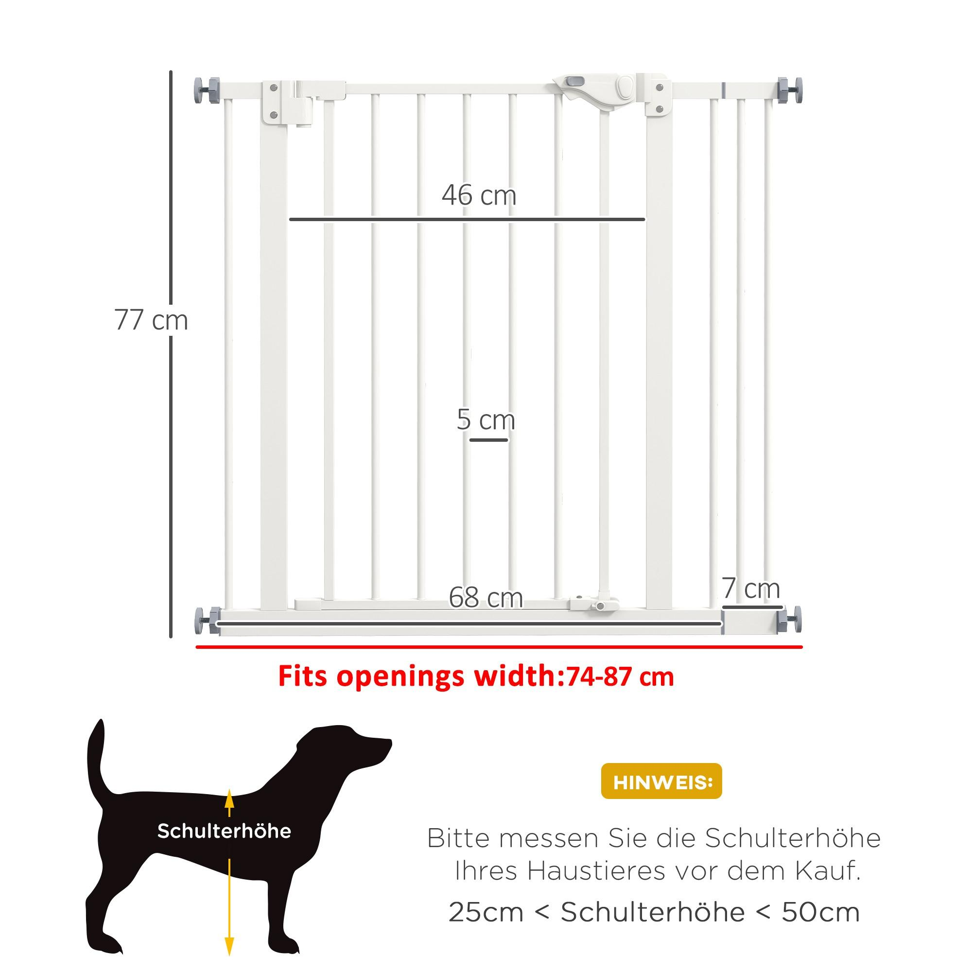 Ein weißes Babygitter mit Maßen und einer Hunde-Silhouette mit Höhenangabe.