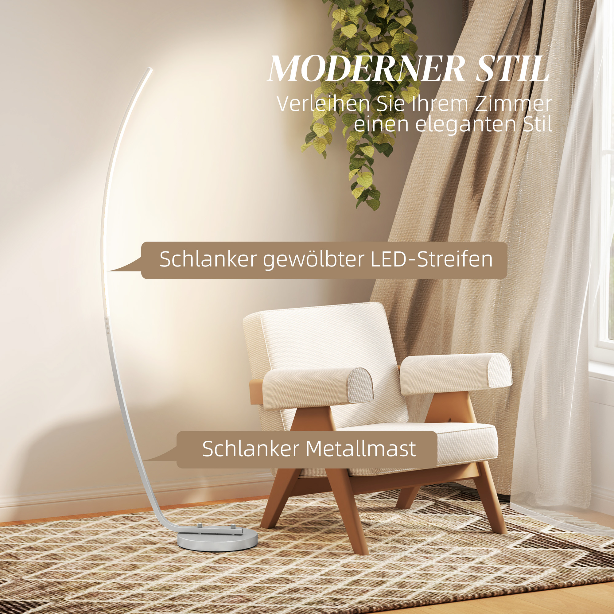 Ein modernes Zimmer mit einer geschwungenen LED-Stehlampe neben einem weißen Sessel und beigen Vorhängen im Hintergrund.