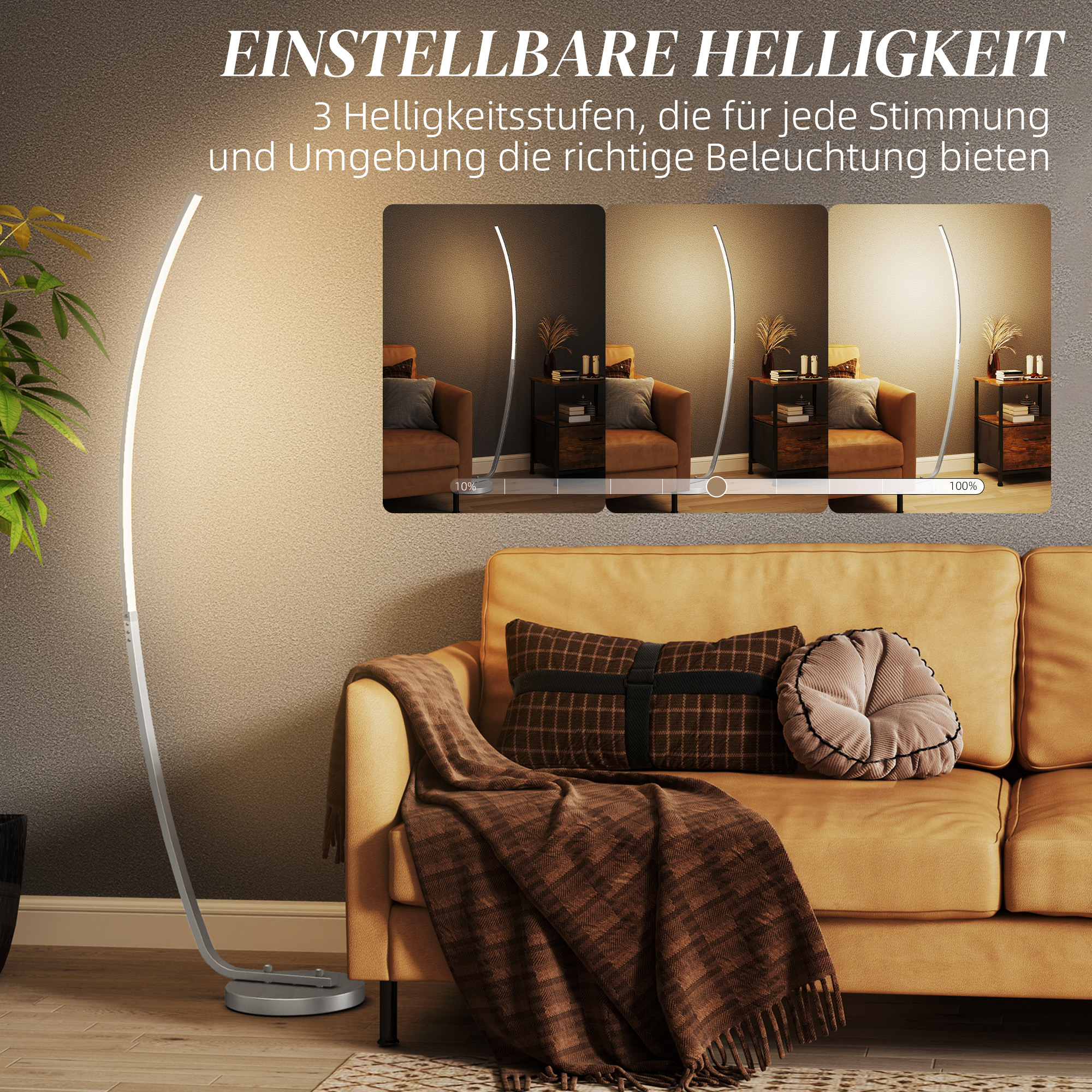 Ein Wohnzimmer mit geschwungener Stehlampe und braunem Sofa, das einstellbare Helligkeitsstufen in einem Panel anzeigt.