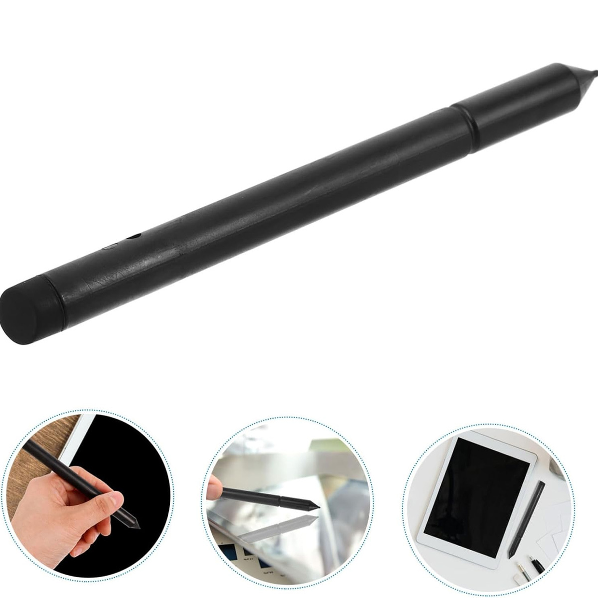 Ein schwarzer Stift wird gezeigt, mit drei kleineren Bildern, die seine Verwendung mit Tablets demonstrieren.
