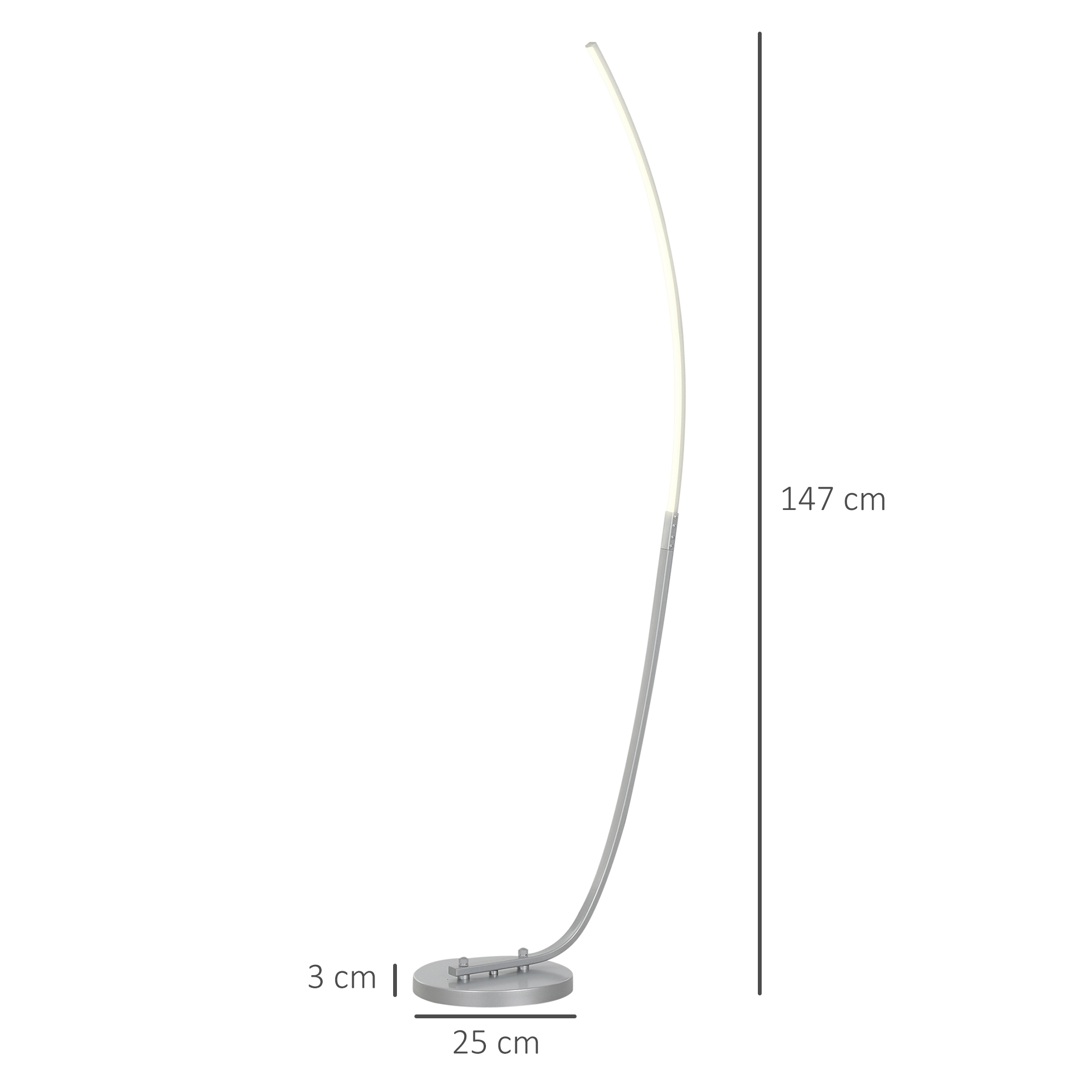 Ein weißer Hintergrund zeigt eine silberne, geschwungene Stehlampe, mit Abmessungen in Zentimetern beschriftet.