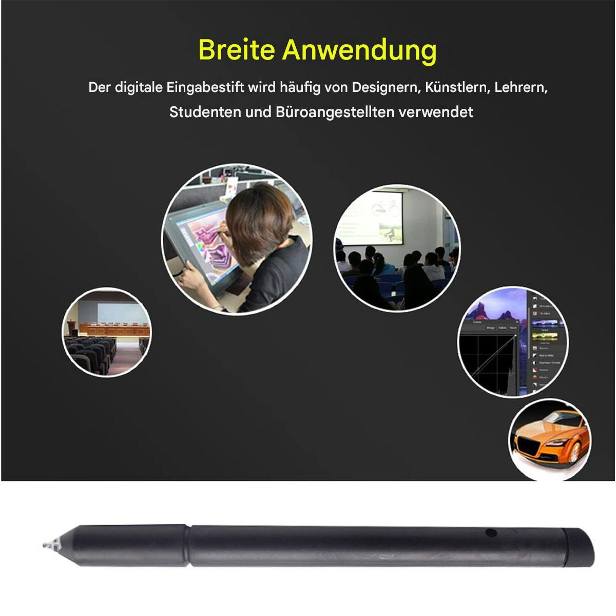 Eine Illustration, die einen schwarzen Stift und mehrere Bilder seiner Verwendung zeigt.