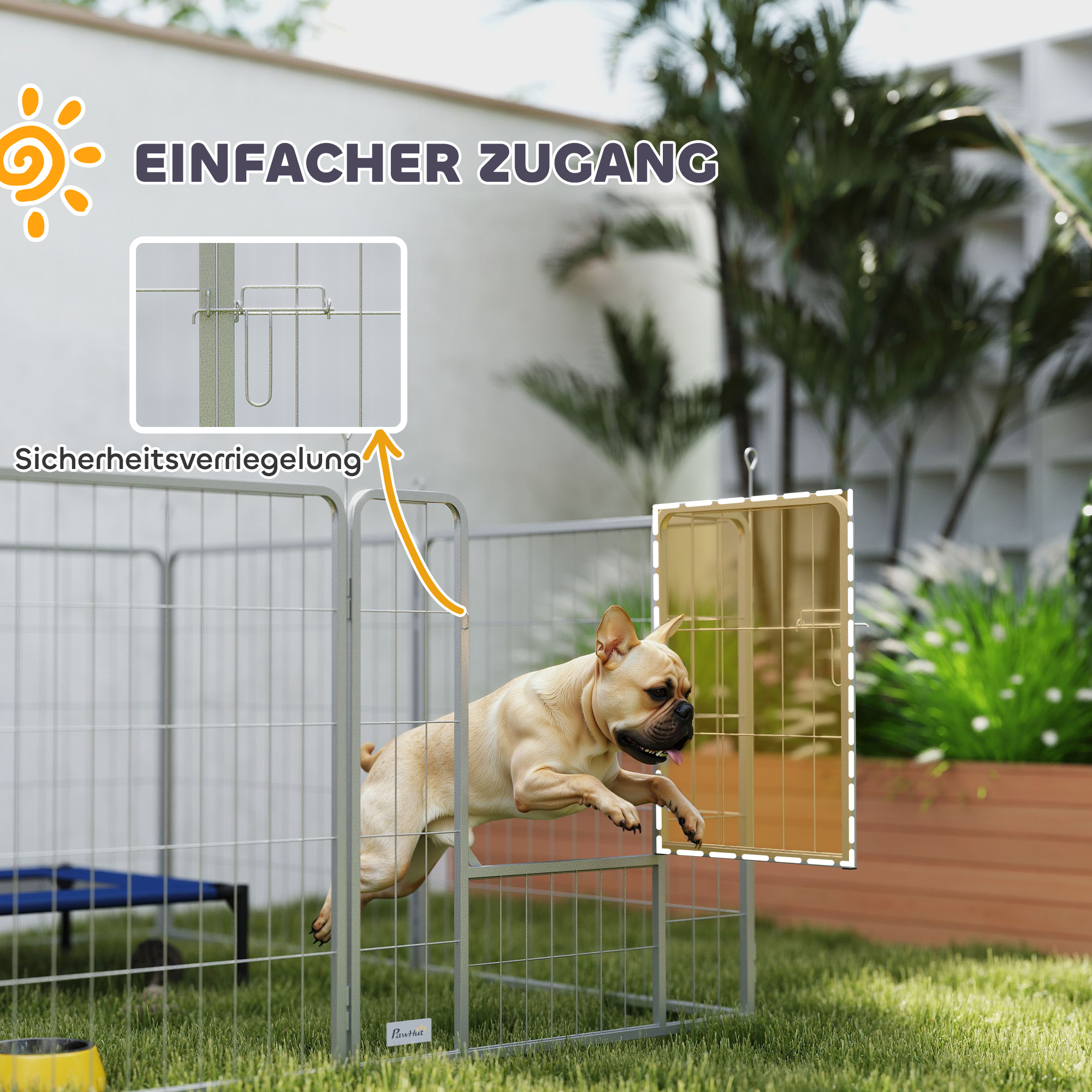 Ein Hund springt über einen Zaun im Garten. Ein Tor am Zaun ist offen.