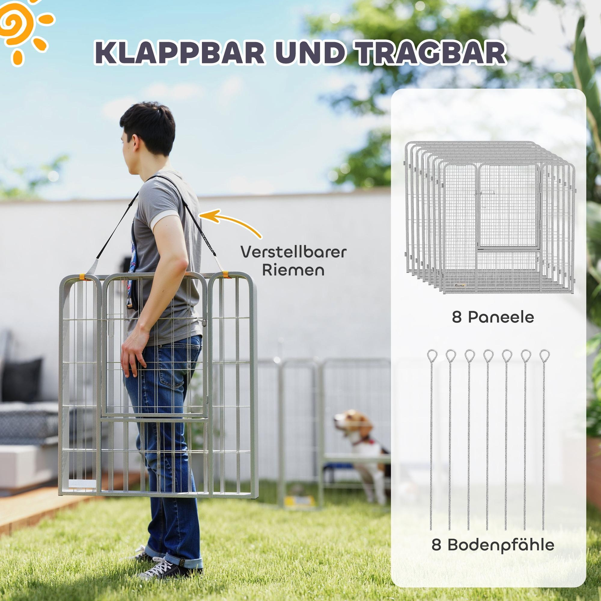 Ein Mann trägt einen Hundeauslauf über der Schulter, mit einem Hund und zusätzlichen Paneelen.