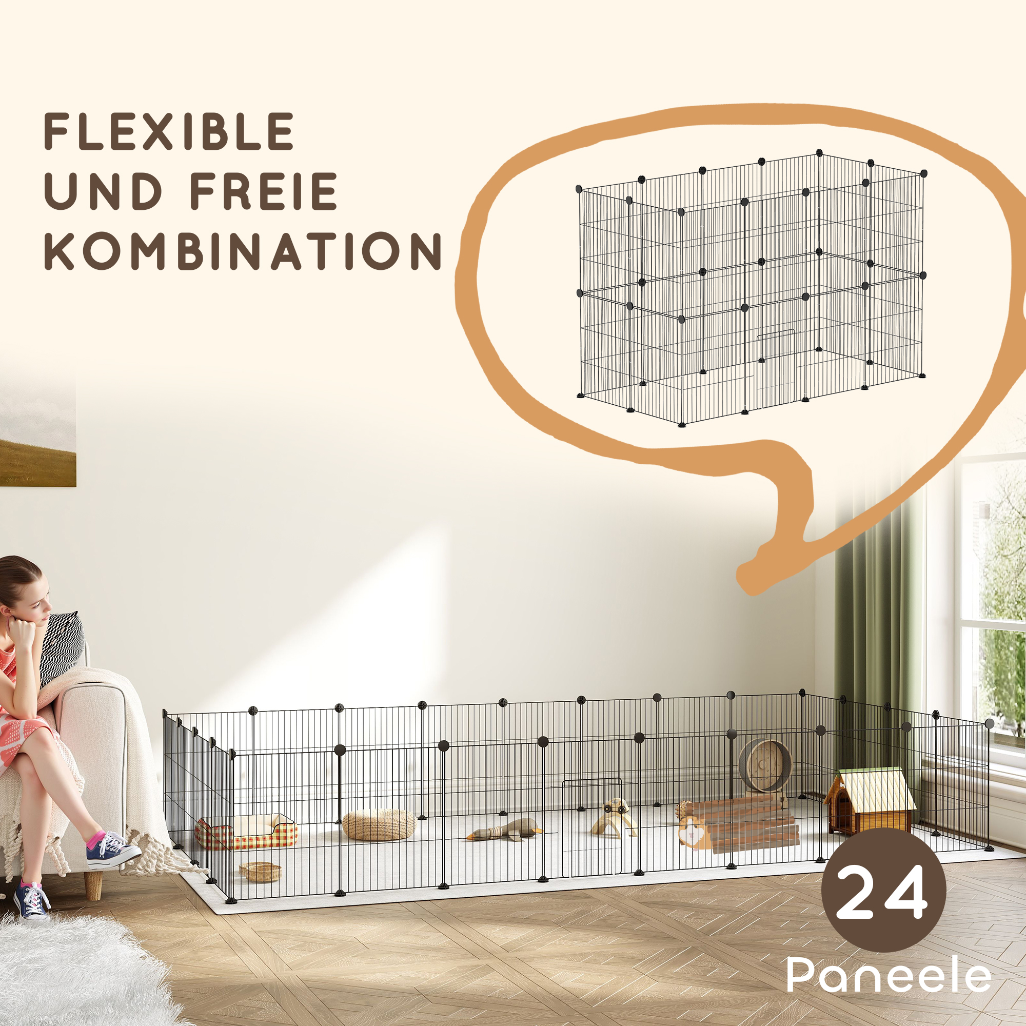 Eine Frau und ein Hund befinden sich in der Nähe eines Geheges mit mehreren Paneelen, mit einer Sprechblase.