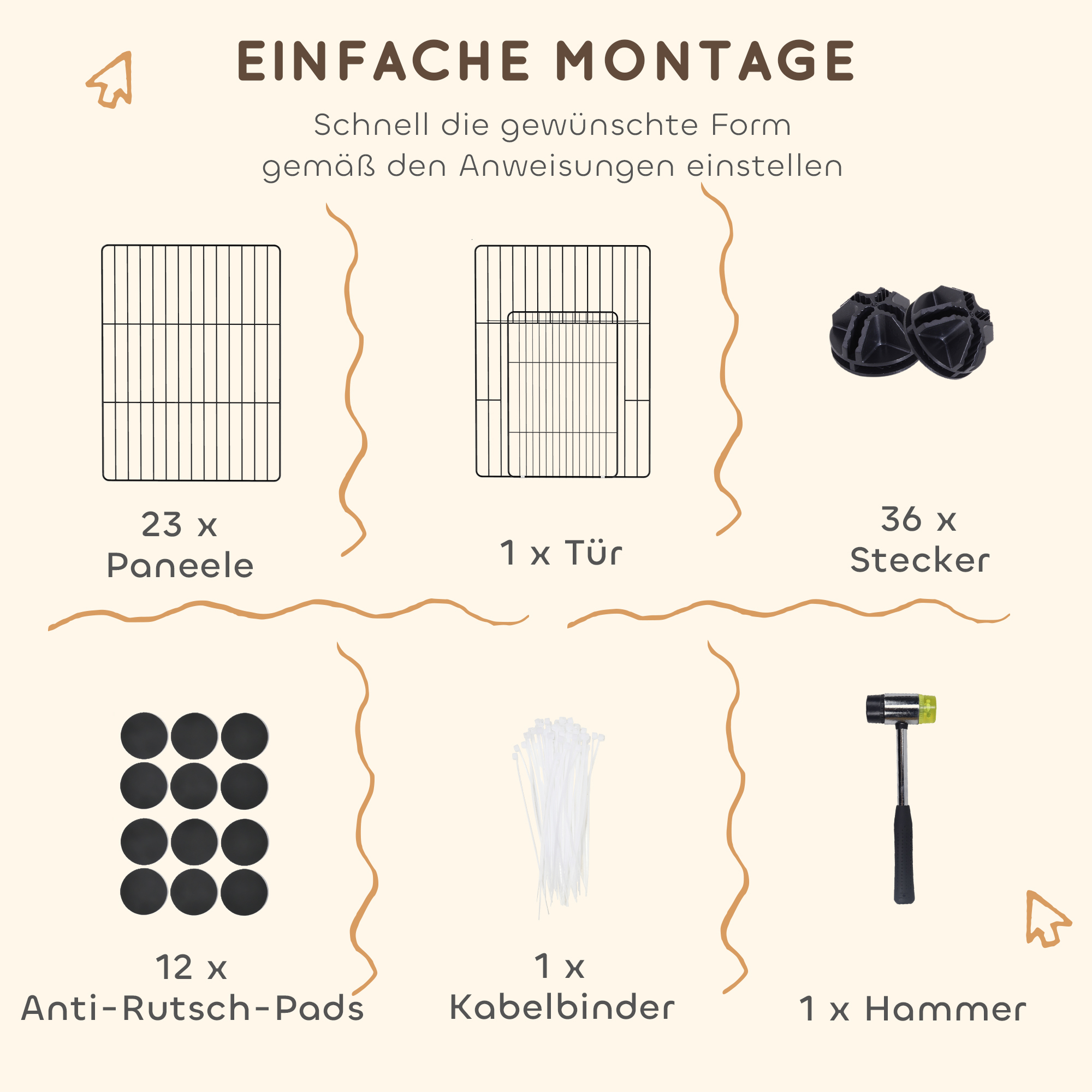 Diagramm der Hundezwinger-Komponenten: Paneele, Tür, Verbinder, Anti-Rutsch-Pads, Kabelbinder und Hammer.