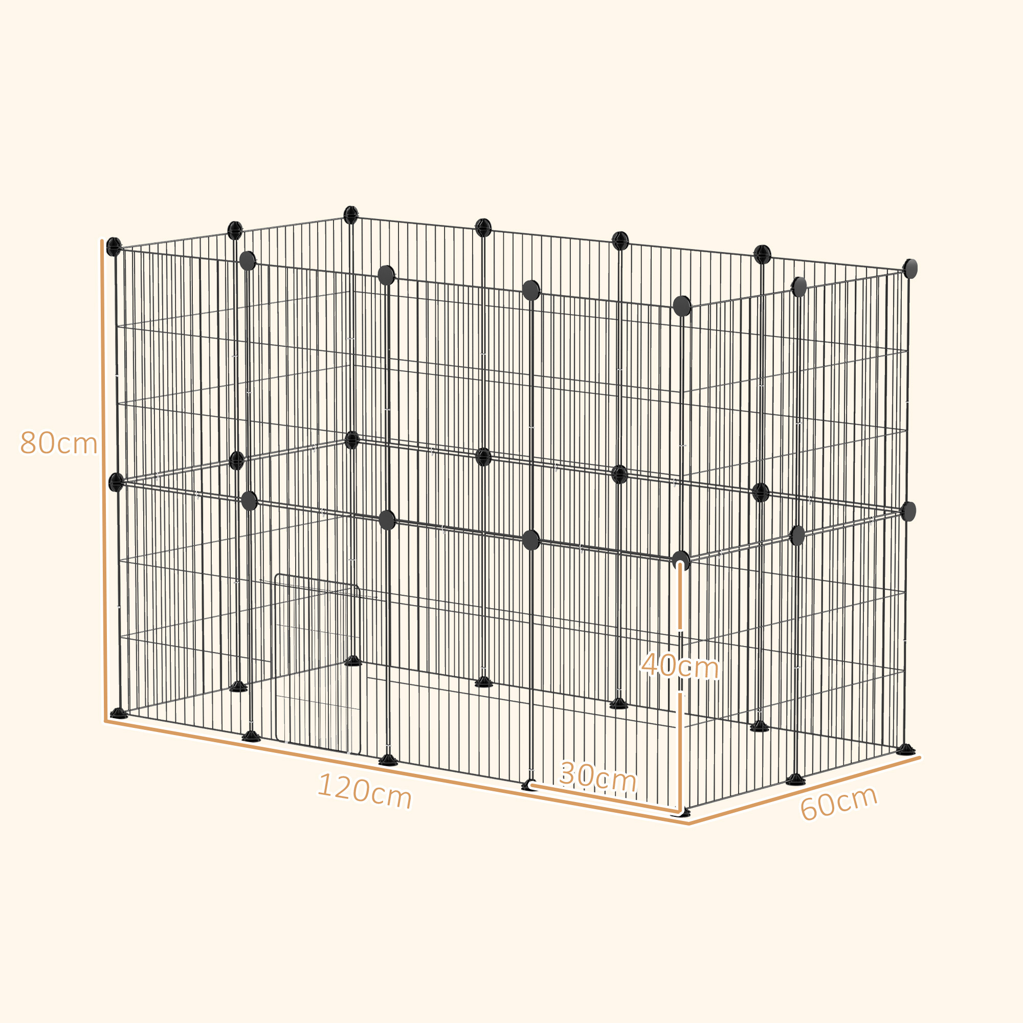 Hundegehege-Abmessungen gezeigt: 80x120x60cm, mit einem 40cm-Eingang. Schwarzes Gehege auf beigem Hintergrund.