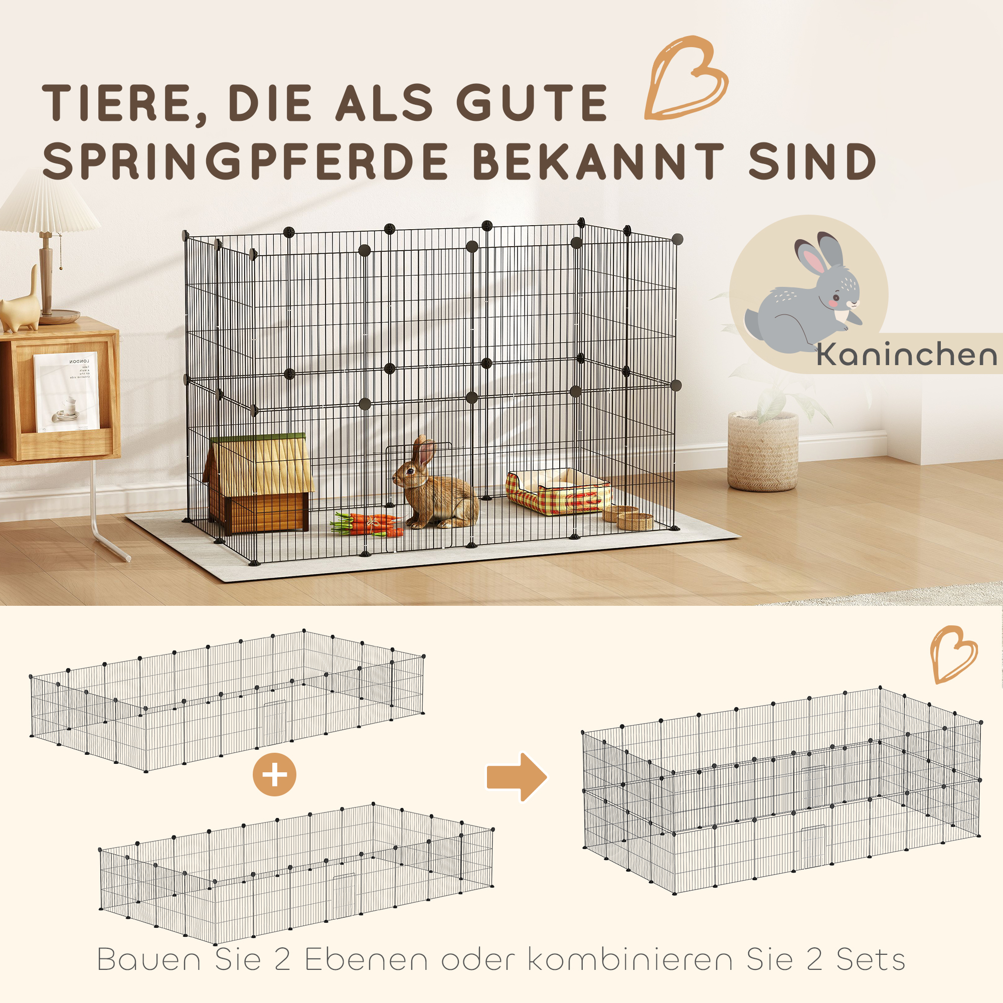 Ein schwarzes Drahtgehege mit einem Kaninchen darin. Der Text lautet: Tiere, die als gute Springer bekannt sind.