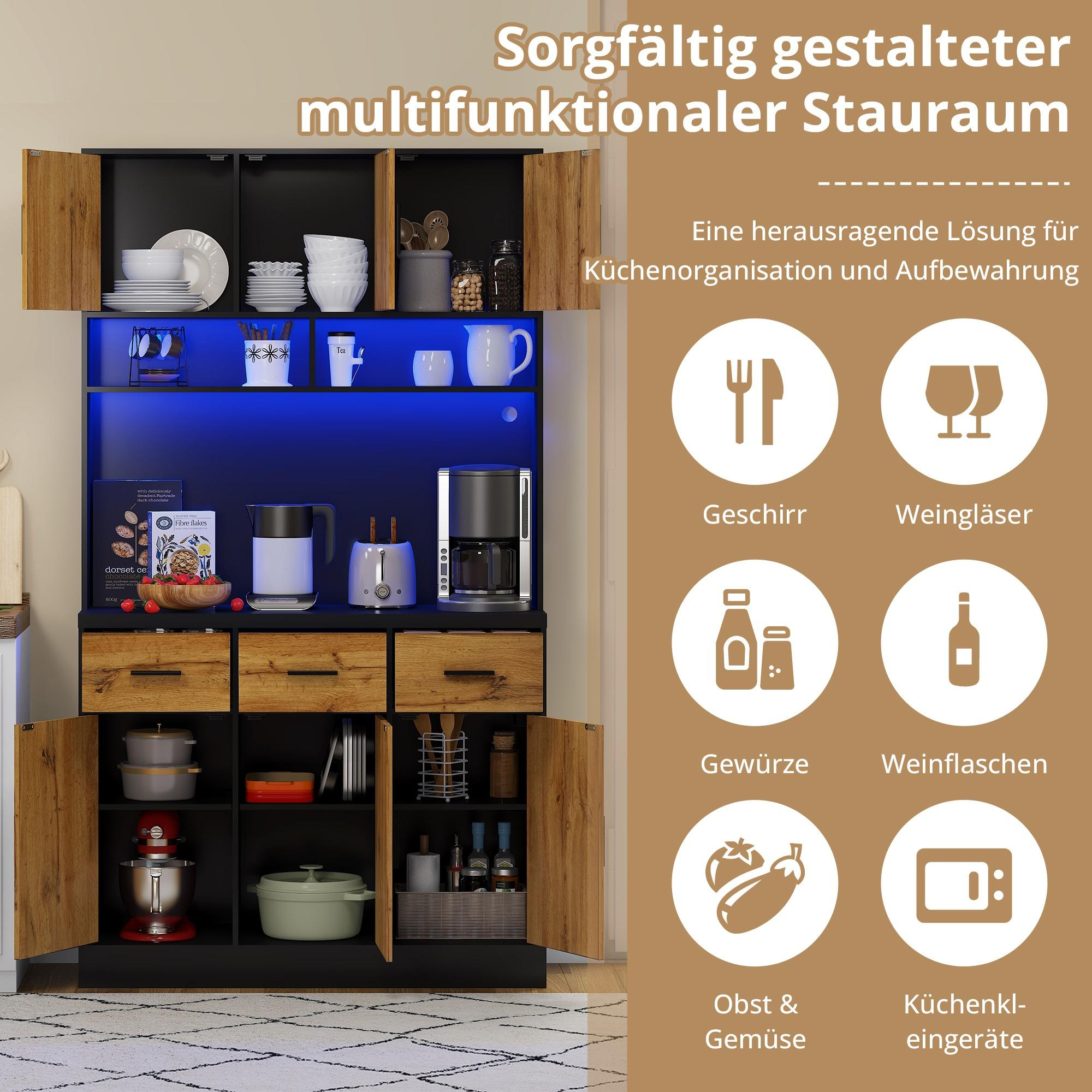 Ein Küchenschrank mit offenen Türen, der verschiedene Küchenartikel und Geräte zeigt.