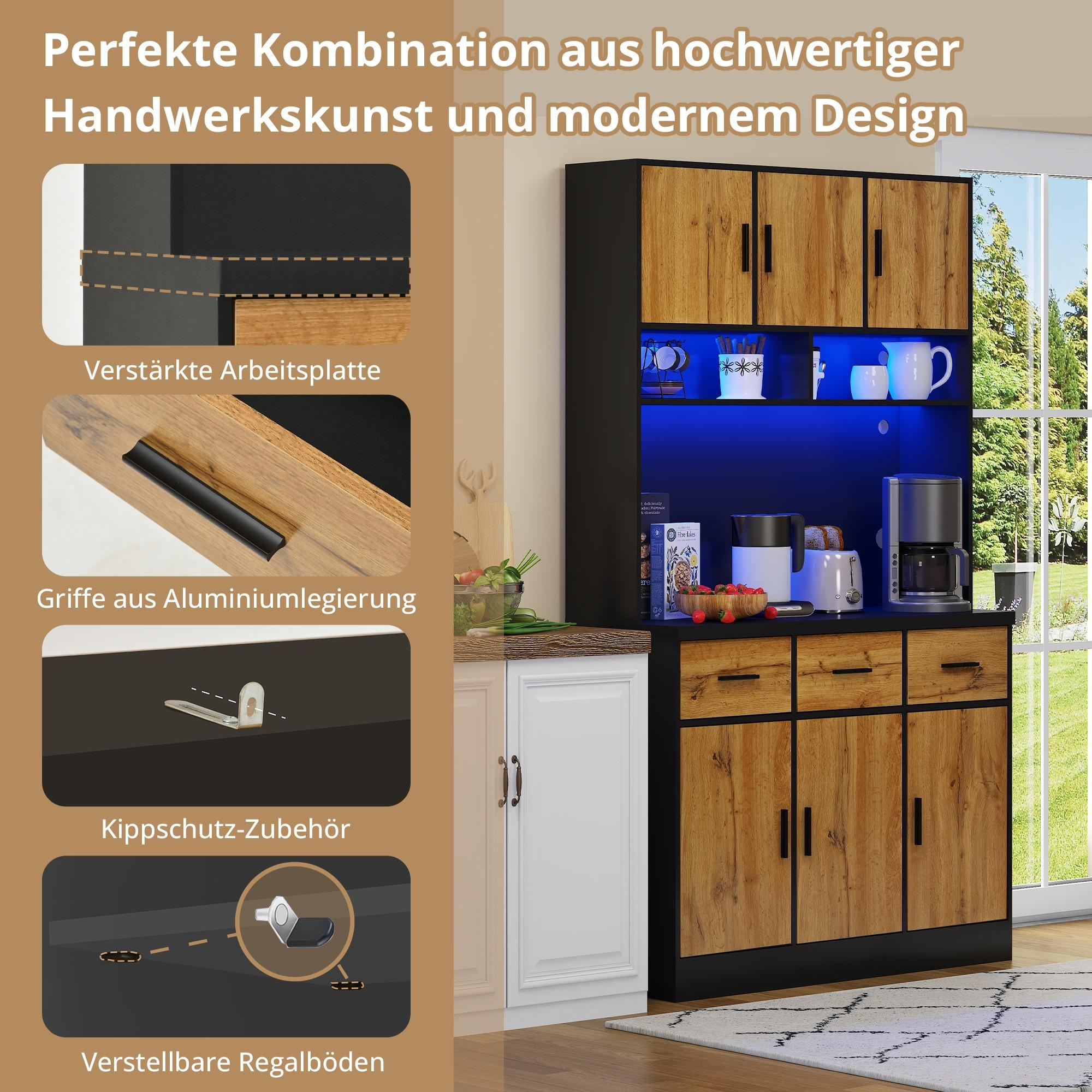 Ein Küchenschrank mit offenen Türen, mit Details der Arbeitsplatte, Griffe und Sicherheitsmerkmale.