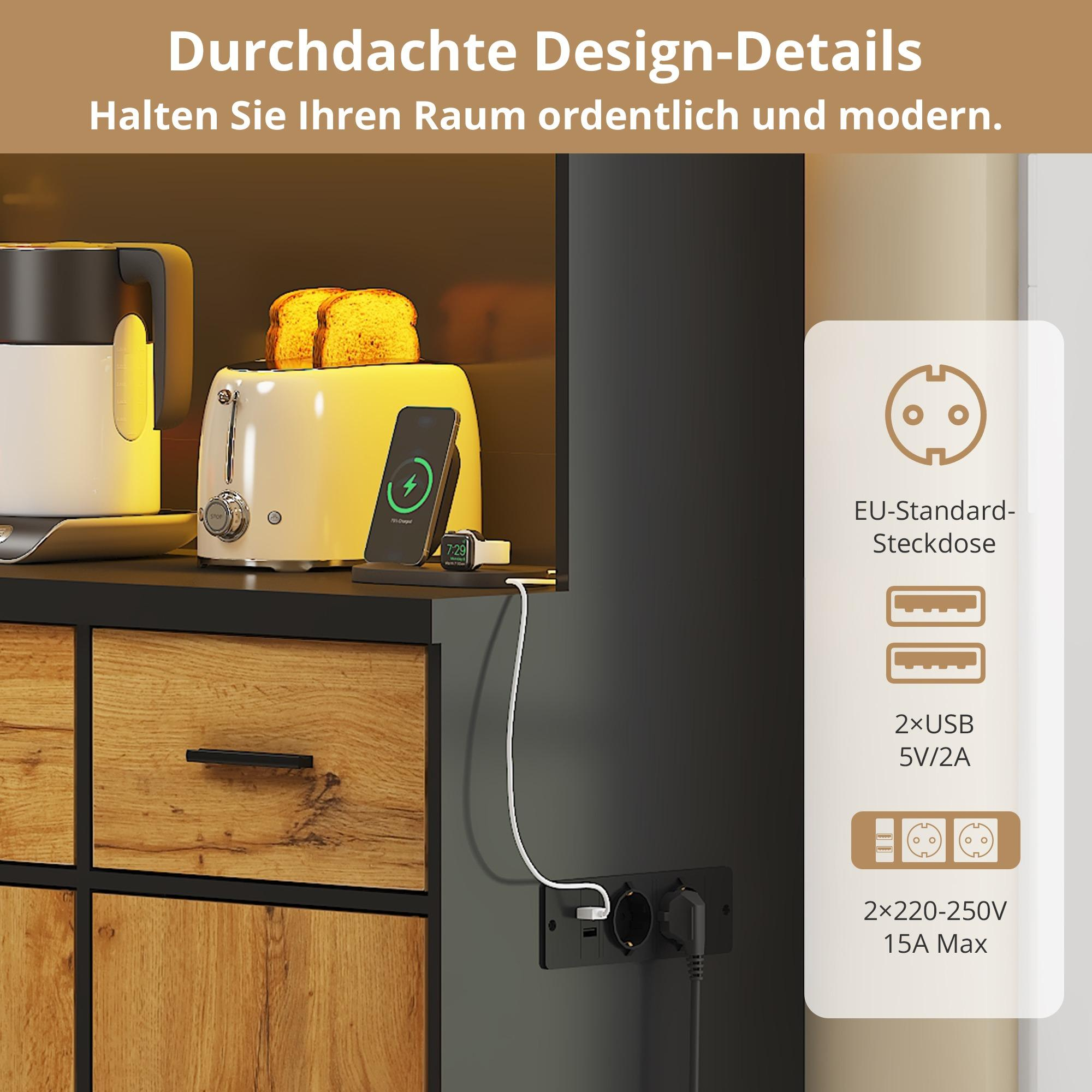 Nahaufnahme einer Küchensteckdose mit USB-Anschlüssen und Steckdosen, die Anschlussdetails zeigt.